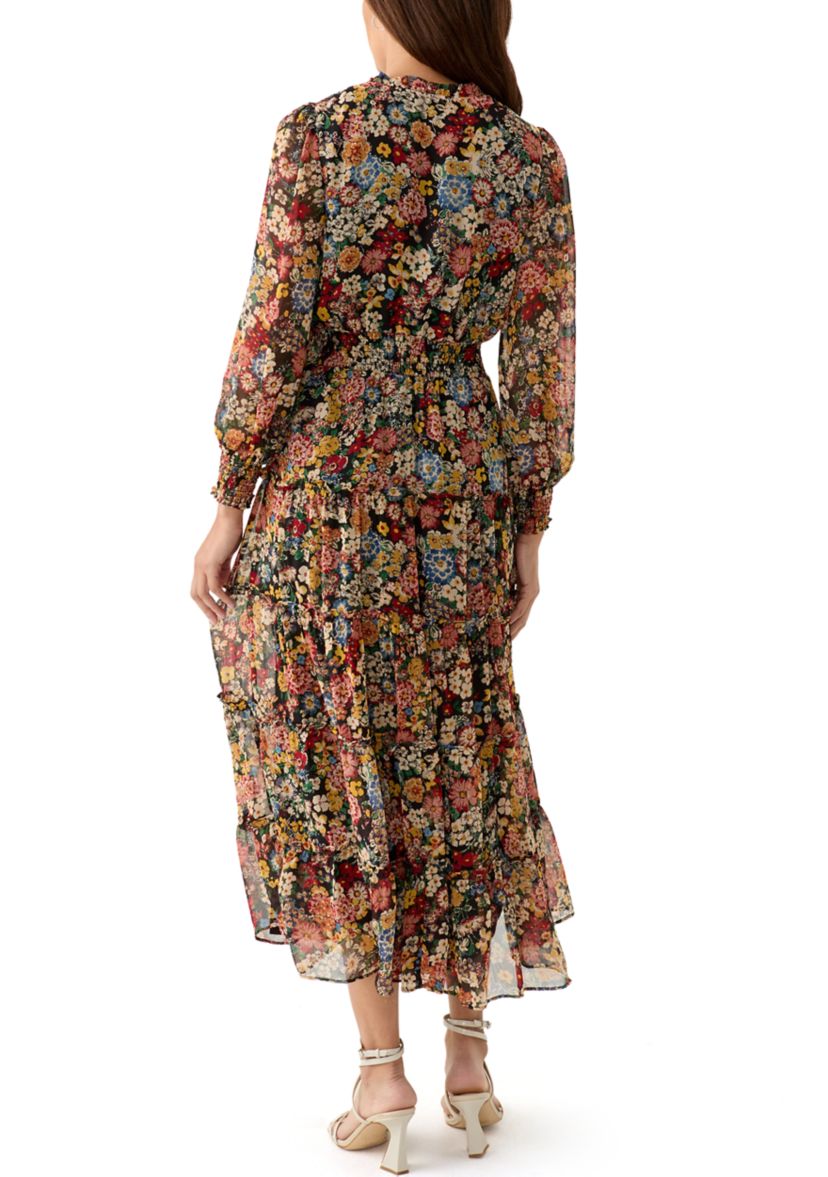 Womens Long Sleeve V-Neck Printed Chiffon Midi Fit and Flare Dress