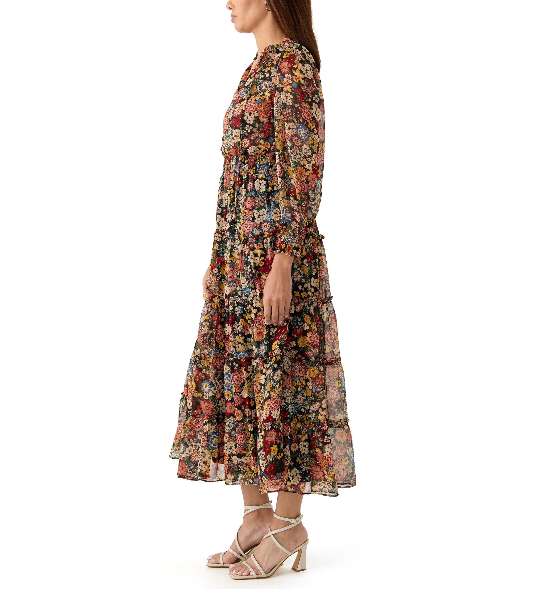 Womens Long Sleeve V-Neck Printed Chiffon Midi Fit and Flare Dress