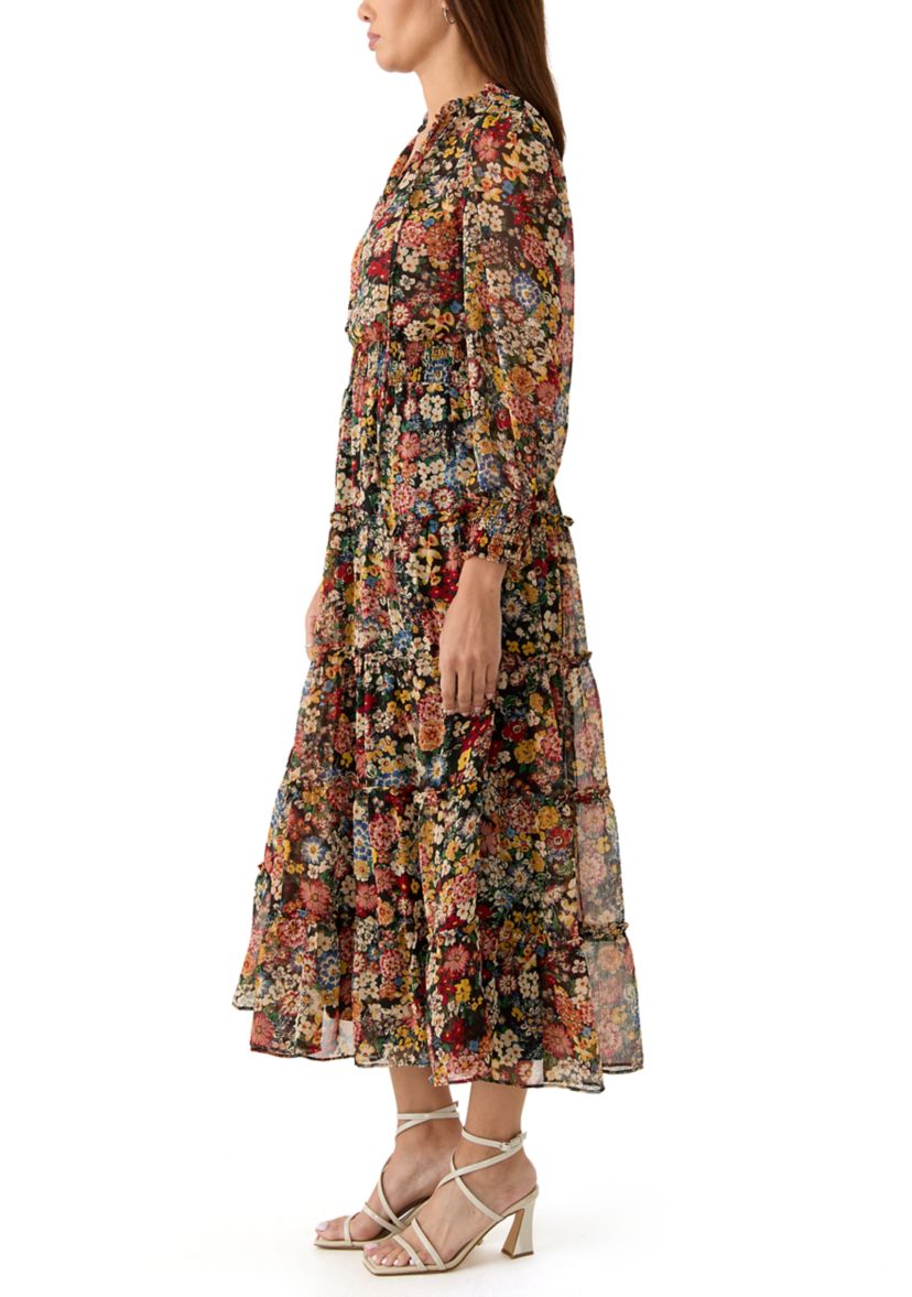 Womens Long Sleeve V-Neck Printed Chiffon Midi Fit and Flare Dress