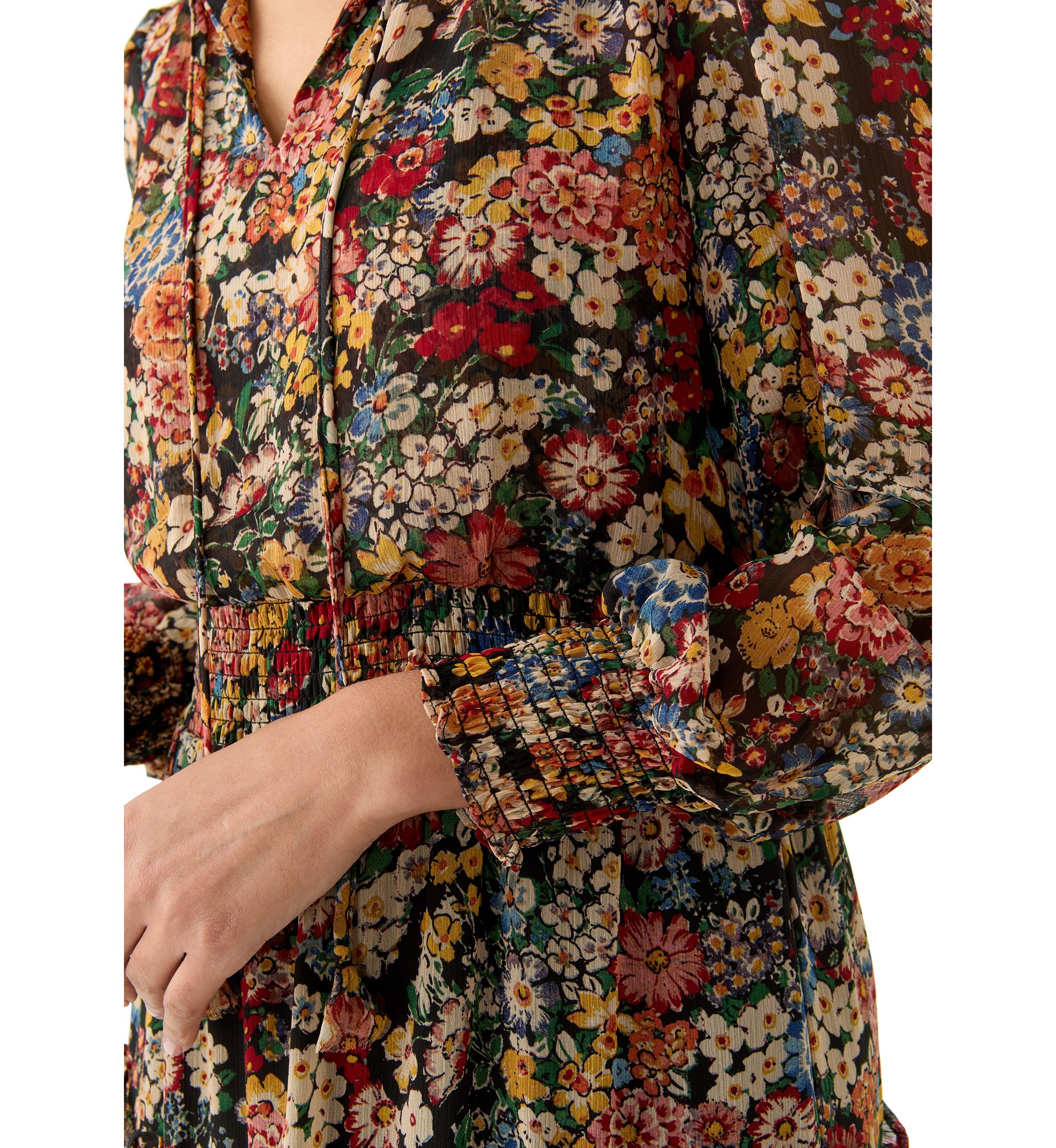 Womens Long Sleeve V-Neck Printed Chiffon Midi Fit and Flare Dress
