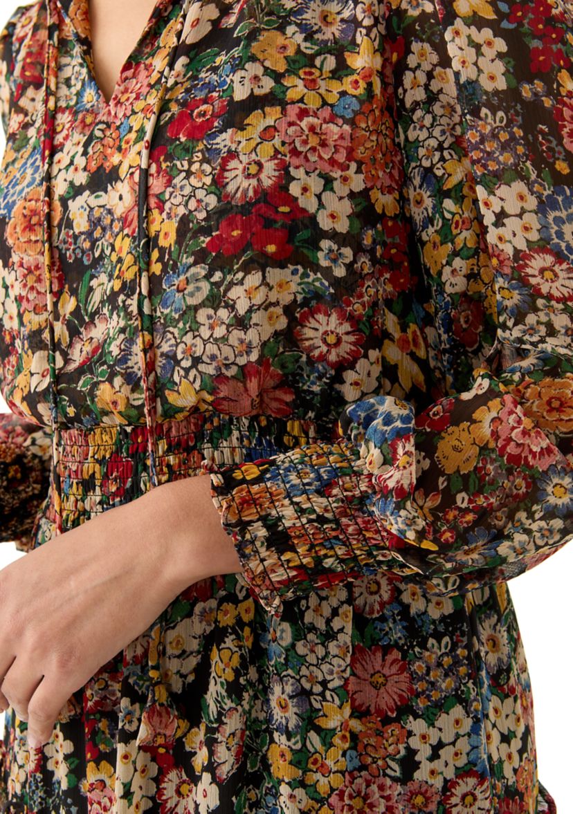 Womens Long Sleeve V-Neck Printed Chiffon Midi Fit and Flare Dress