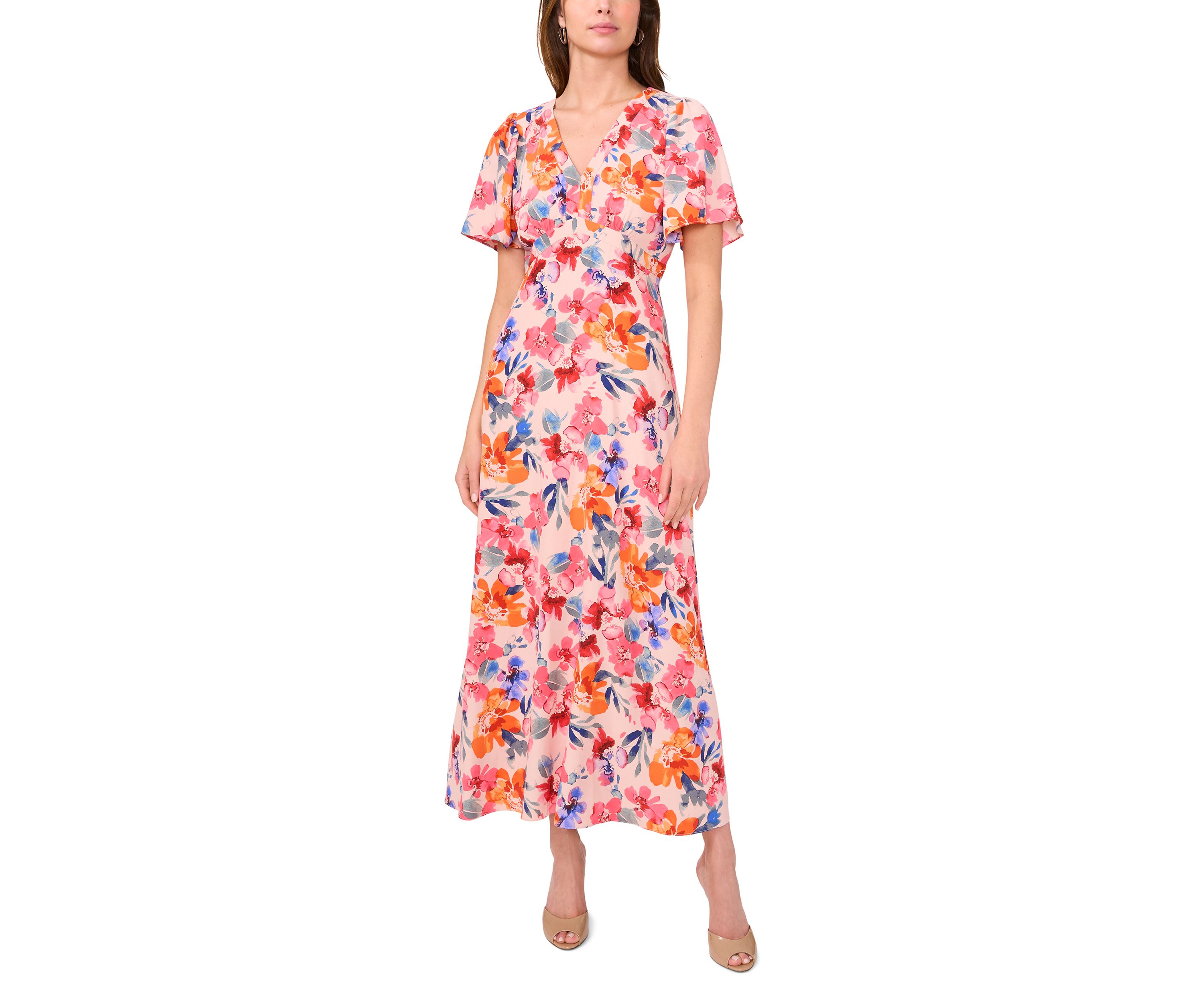 Womens Flutter Sleeve V-Neck Floral Print Chiffon Dress