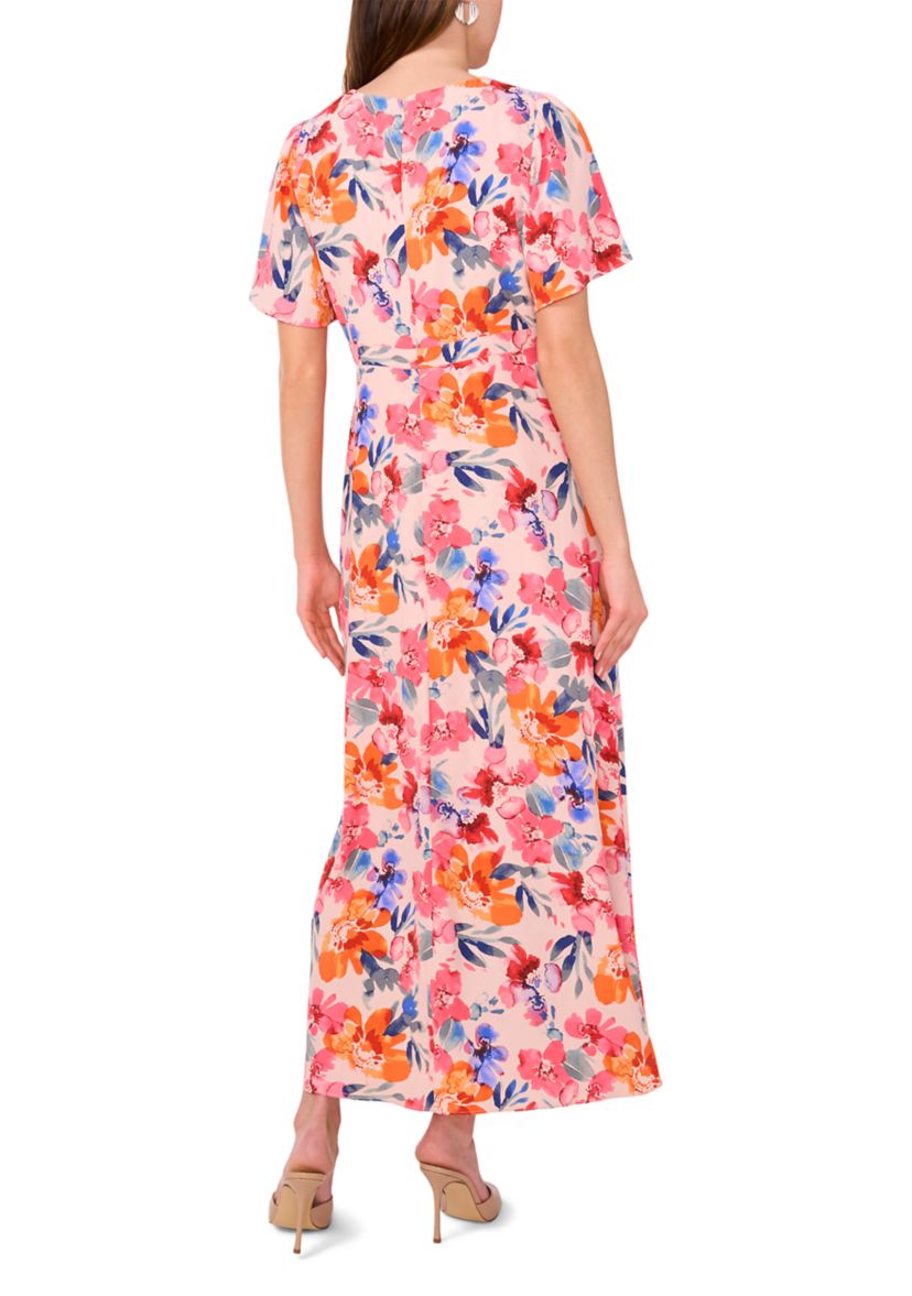 Womens Flutter Sleeve V-Neck Floral Print Chiffon Dress