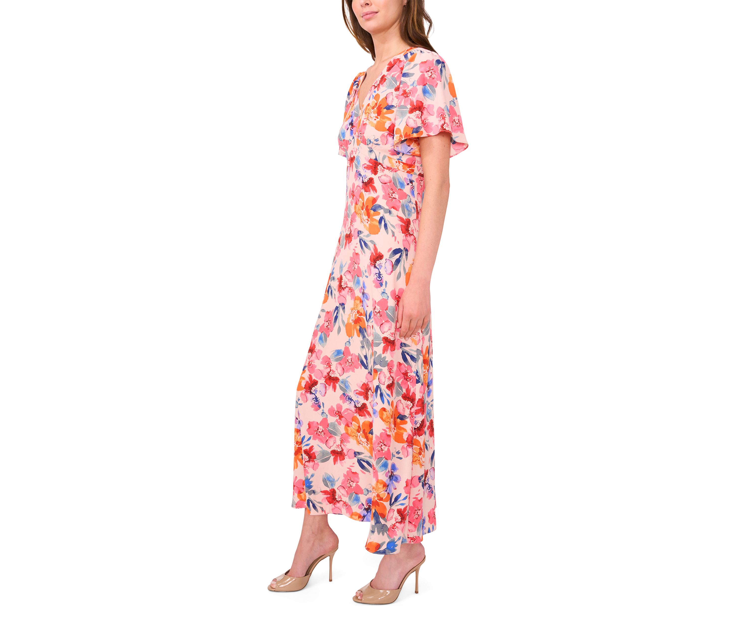 Womens Flutter Sleeve V-Neck Floral Print Chiffon Dress
