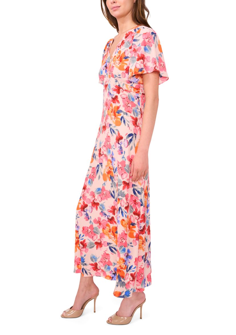Womens Flutter Sleeve V-Neck Floral Print Chiffon Dress