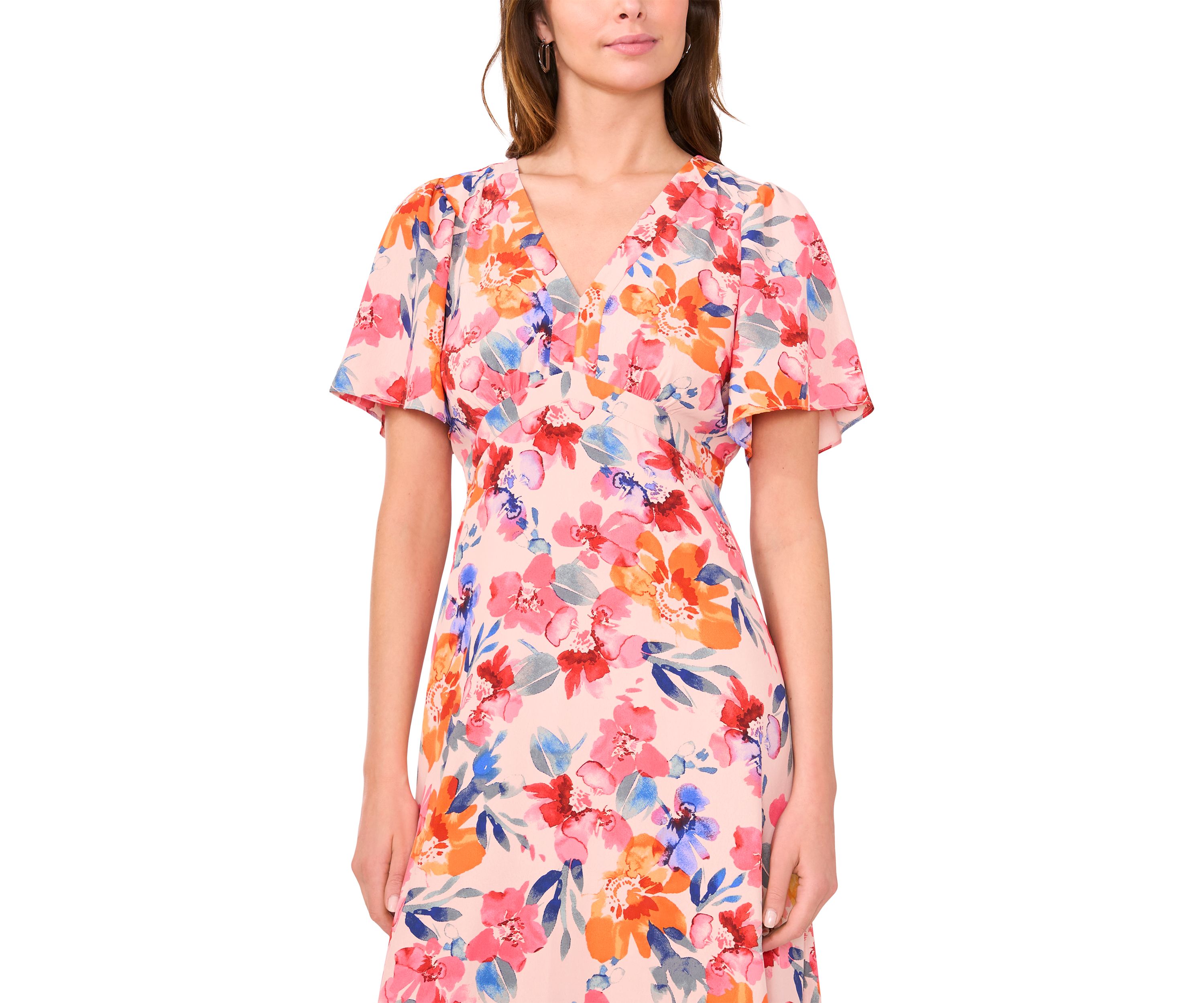 Womens Flutter Sleeve V-Neck Floral Print Chiffon Dress