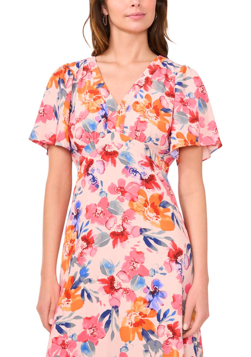 Womens Flutter Sleeve V-Neck Floral Print Chiffon Dress