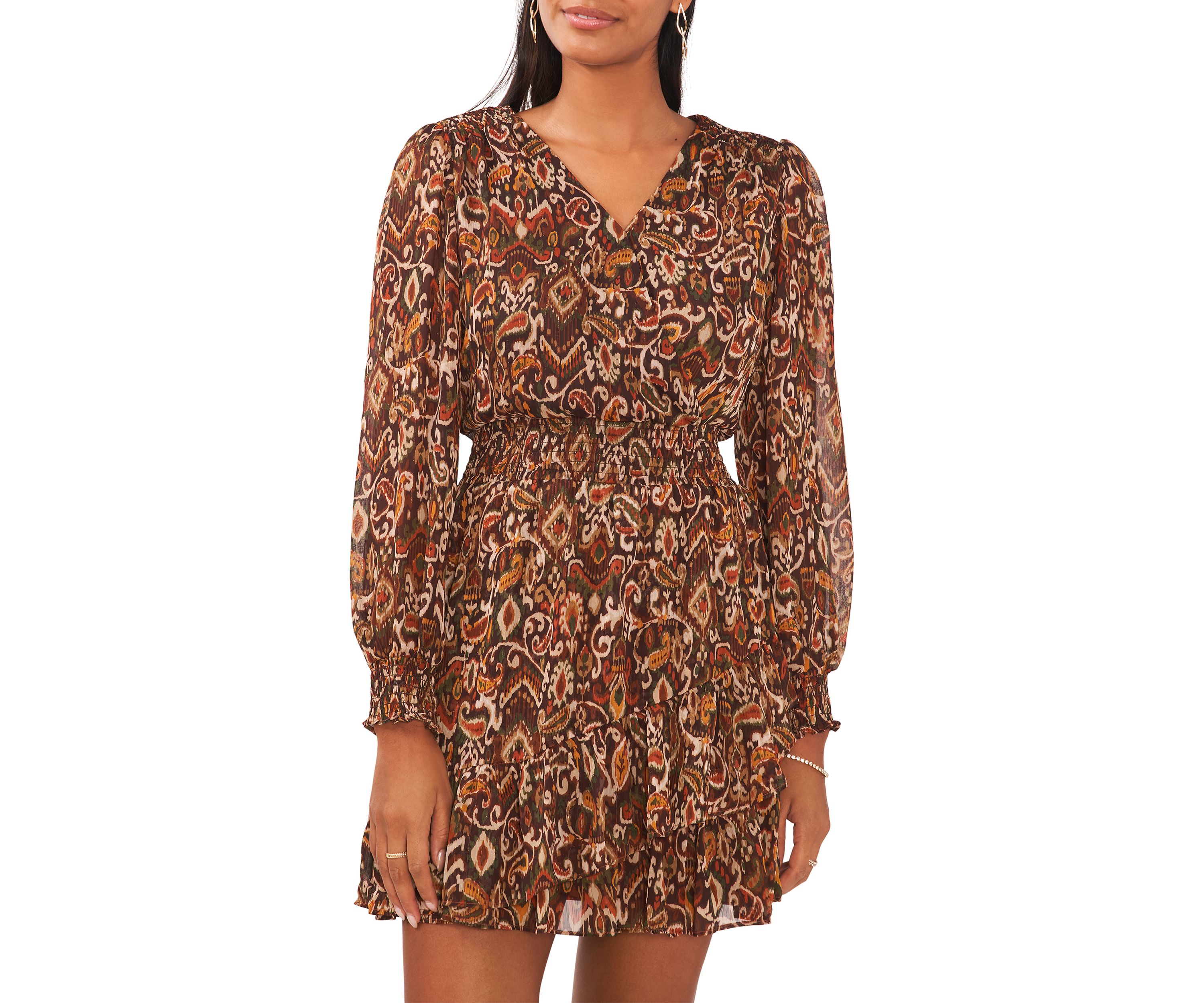 Womens Printed Smocked Fit and Flare Dress