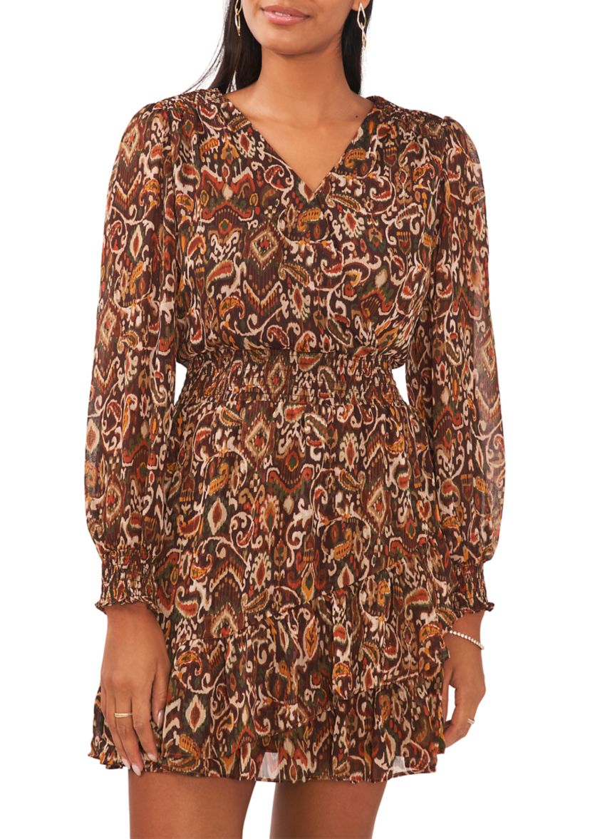 Womens Printed Smocked Fit and Flare Dress