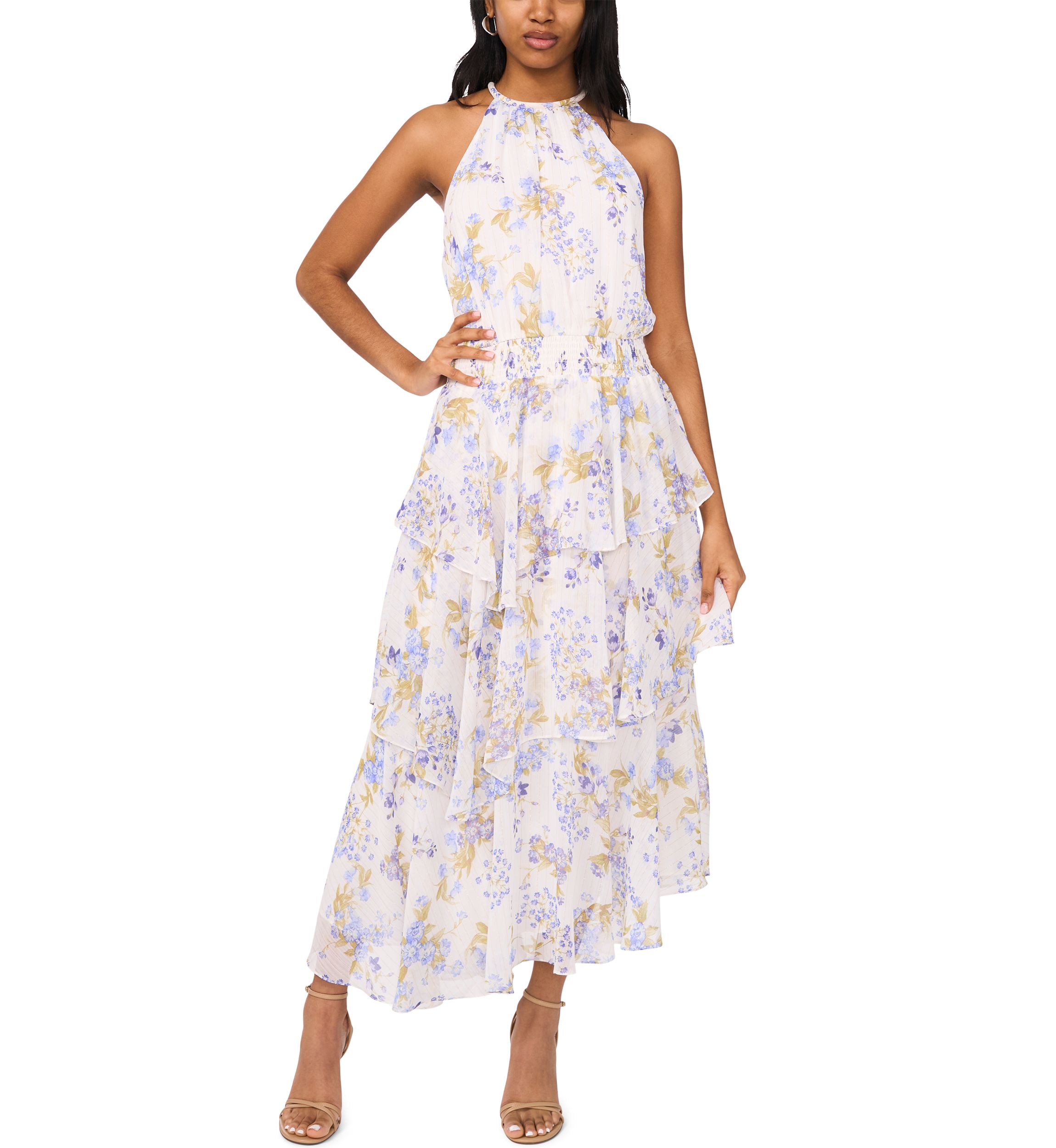 Womens Sleeveless Halter Floral Maxi Dress