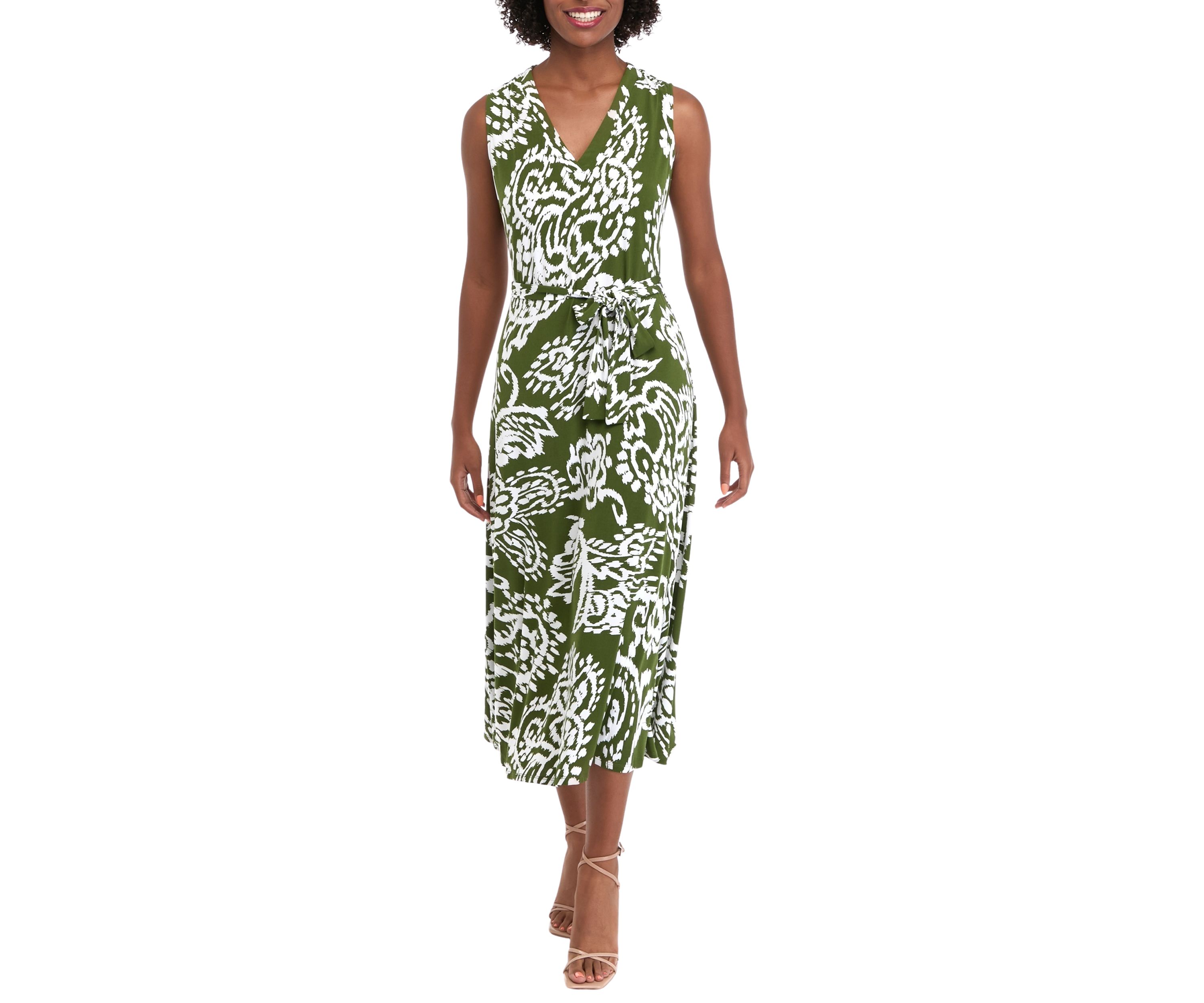 Womens Sleeveless V-Neck Belted Paisley Print Maxi Dress