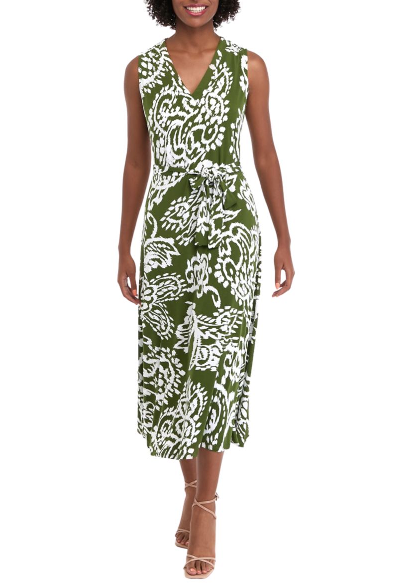 Womens Sleeveless V-Neck Belted Paisley Print Maxi Dress