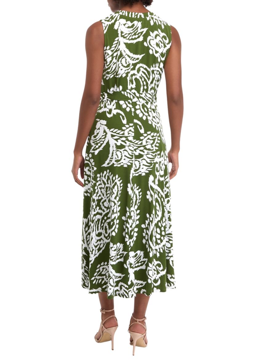 Womens Sleeveless V-Neck Belted Paisley Print Maxi Dress