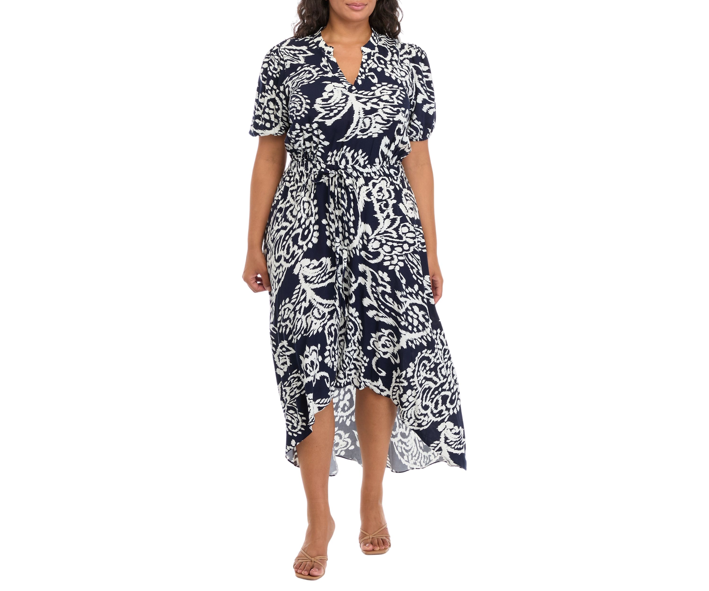Womens Puff Sleeve V-Neck Printed Maxi Dress