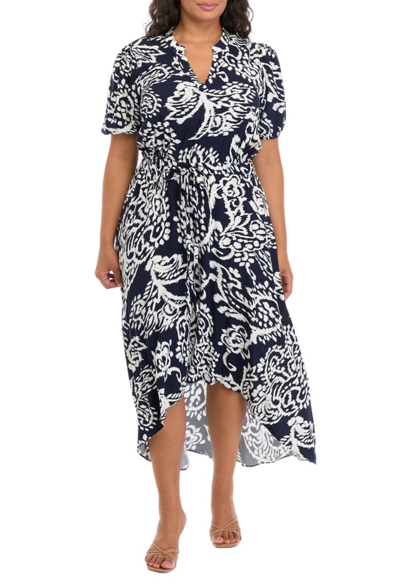 Womens Puff Sleeve V-Neck Printed Maxi Dress
