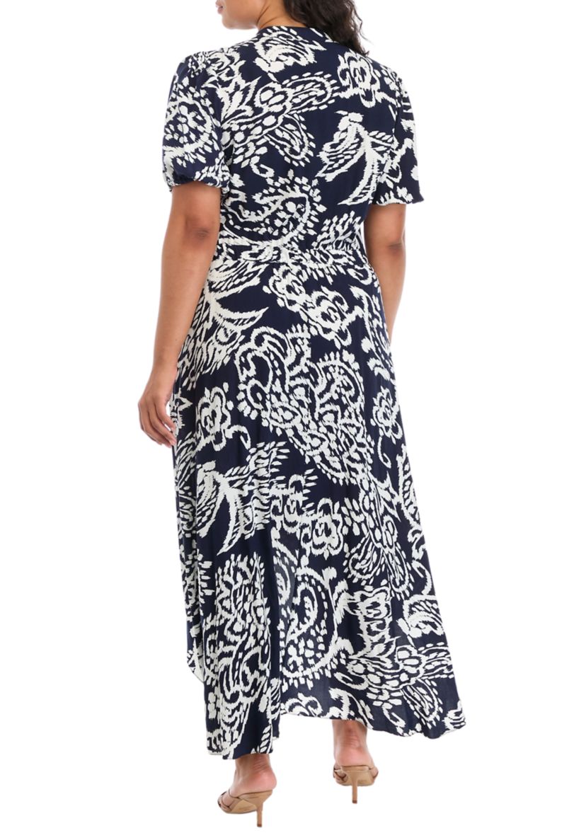 Womens Puff Sleeve V-Neck Printed Maxi Dress