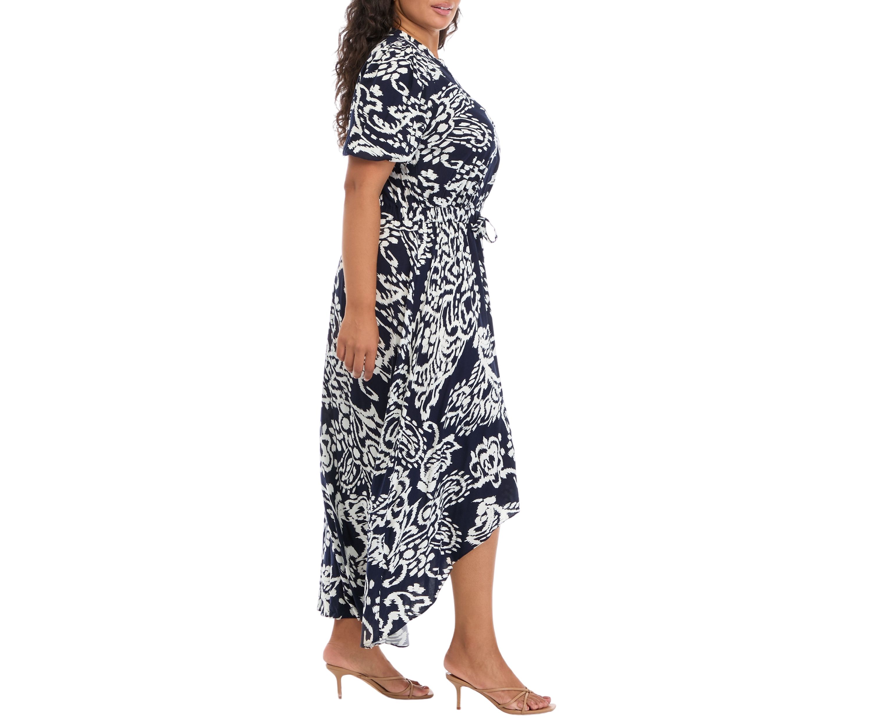 Womens Puff Sleeve V-Neck Printed Maxi Dress