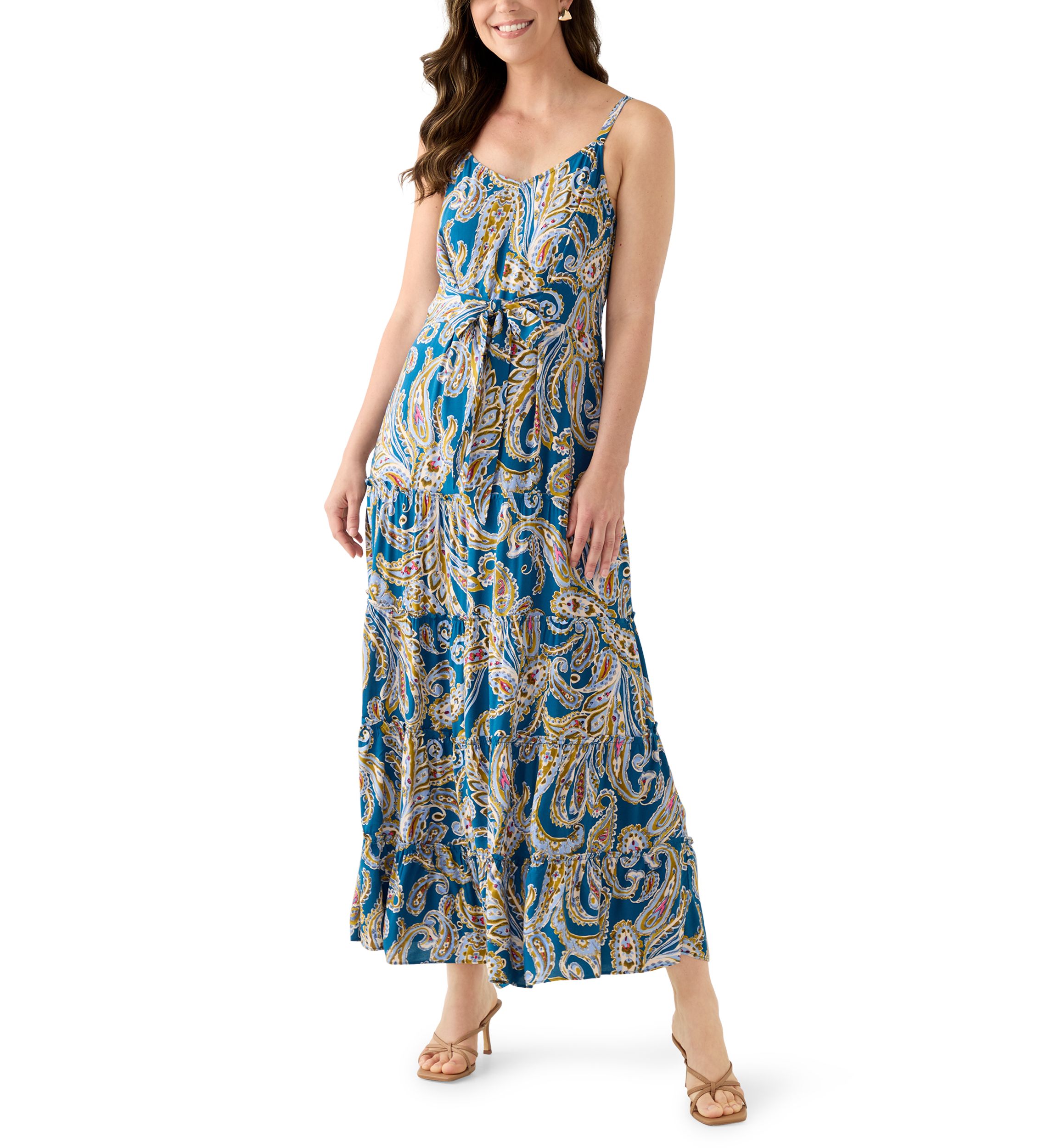 Womens Tie Front Tiered Maxi Dress
