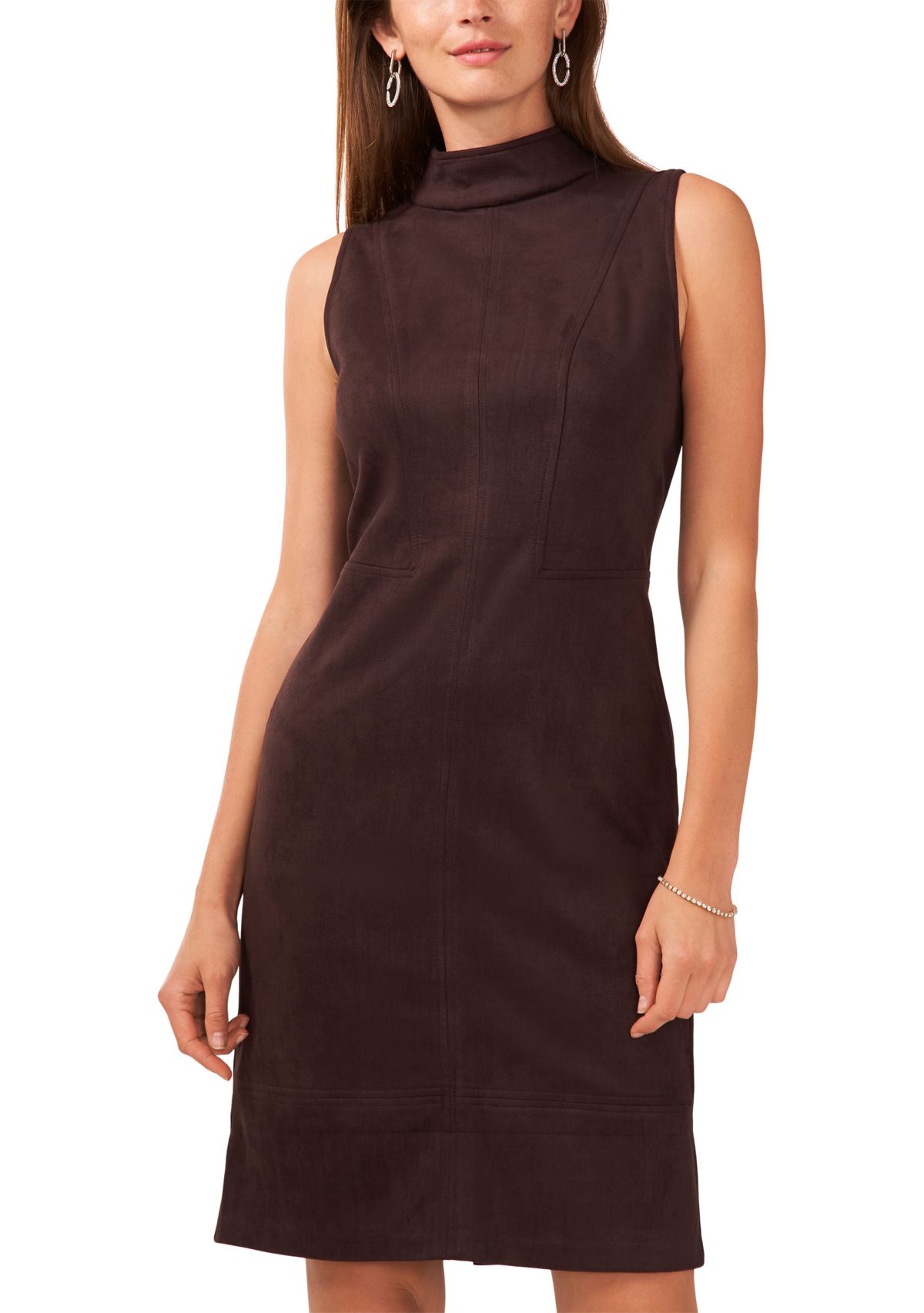 Womens Sleeveless Mock Neck Suede Slim Dress