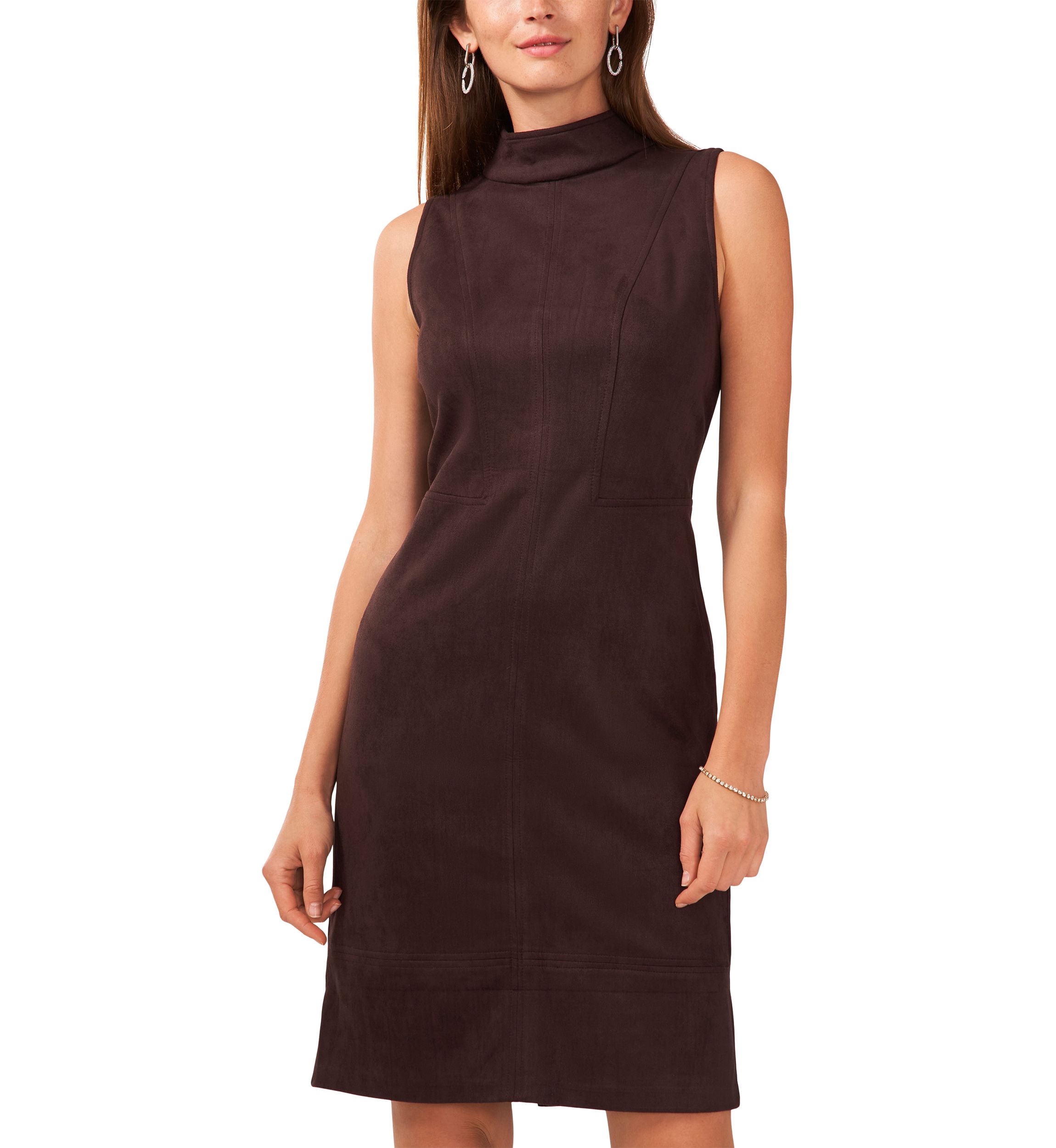 Womens Sleeveless Mock Neck Suede Slim Dress
