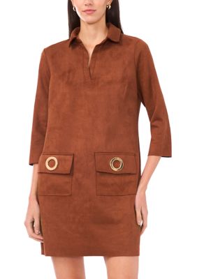 MSK Women's 3-Quarter Collar Neck Faux Suede A-Line Dress, Dark Brown, Small