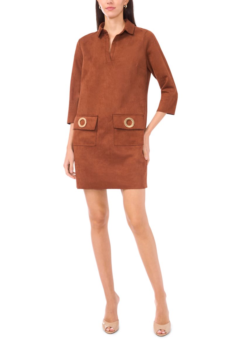Womens 3-Quarter Collar Neck Suede A-Line Dress 
