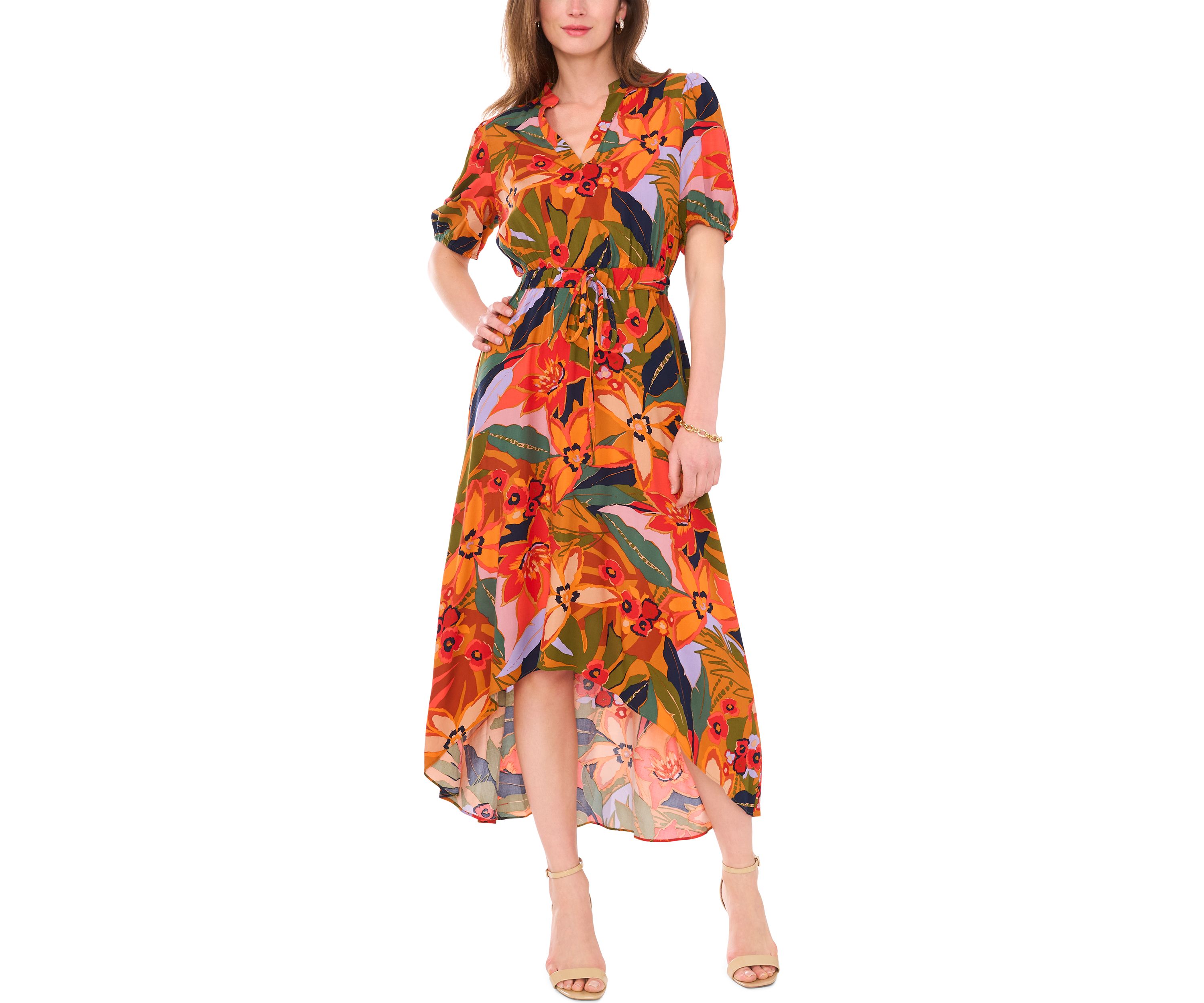 Womens Puff Sleeve Printed Challis Maxi Dress