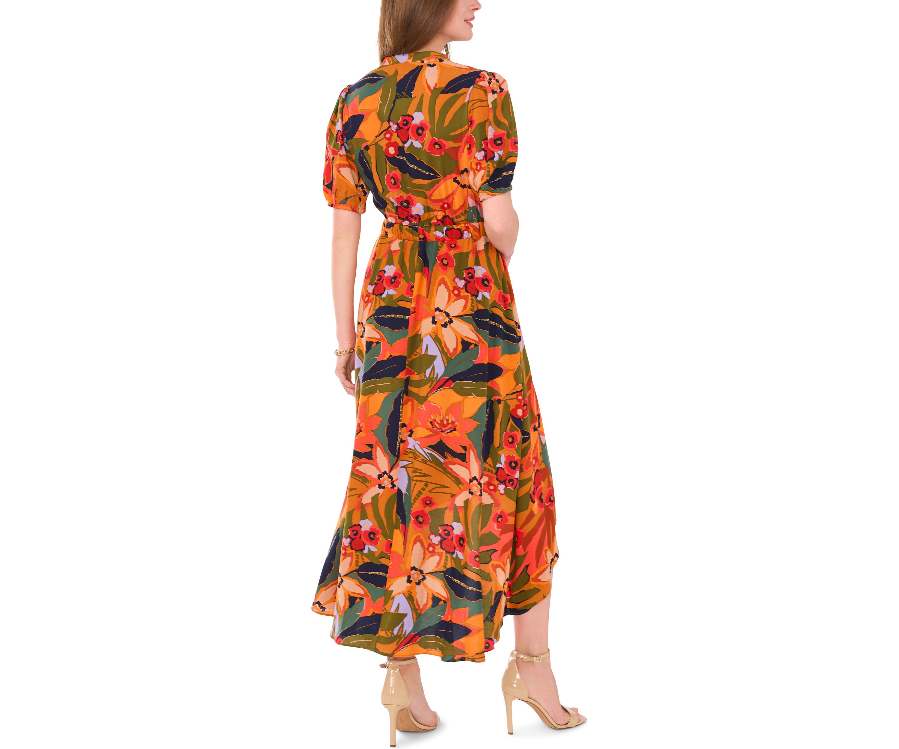 Womens Puff Sleeve Printed Challis Maxi Dress