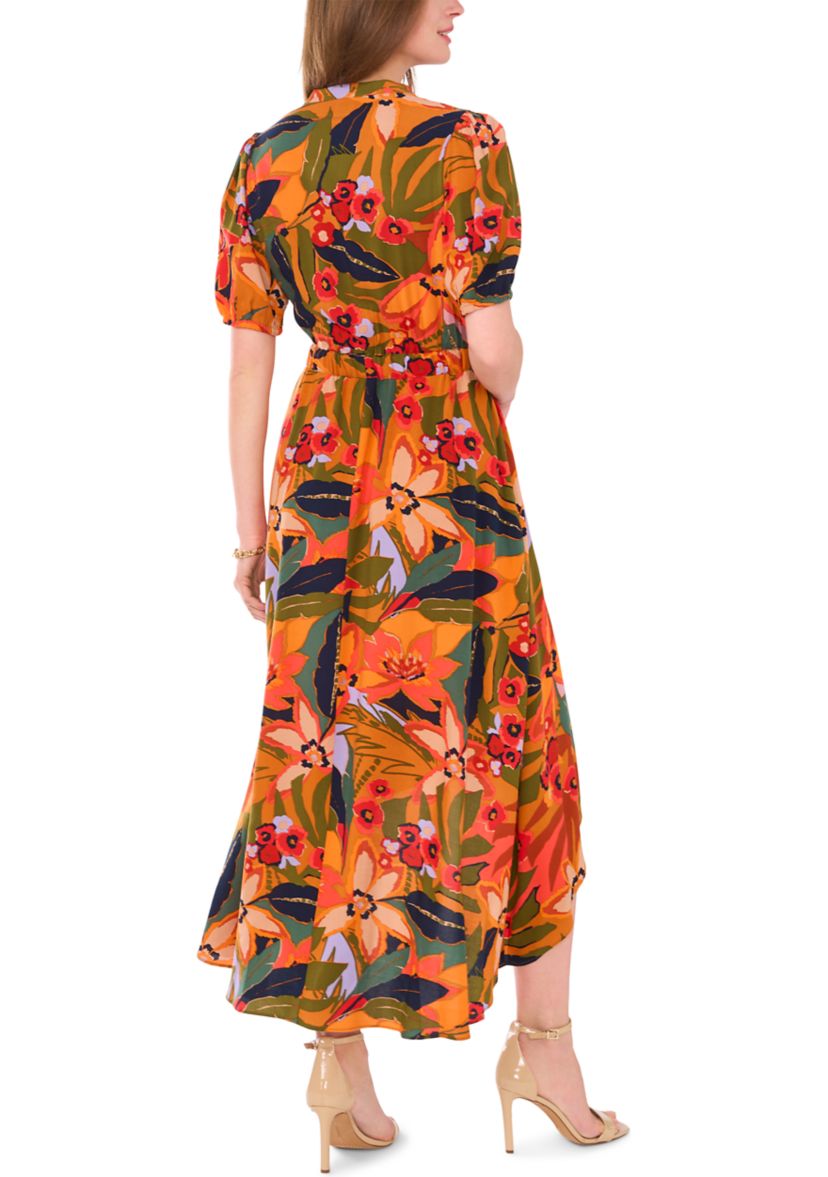 Womens Puff Sleeve Printed Challis Maxi Dress