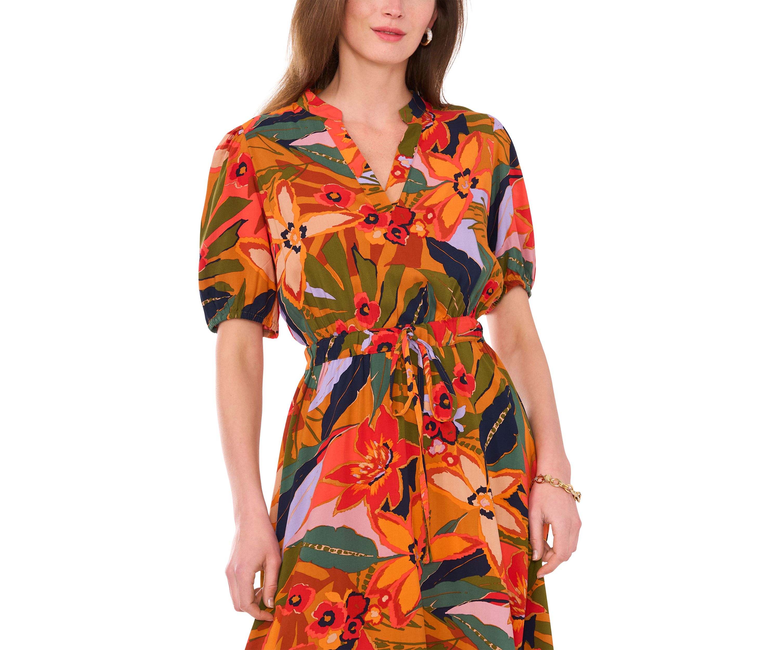 Womens Puff Sleeve Printed Challis Maxi Dress