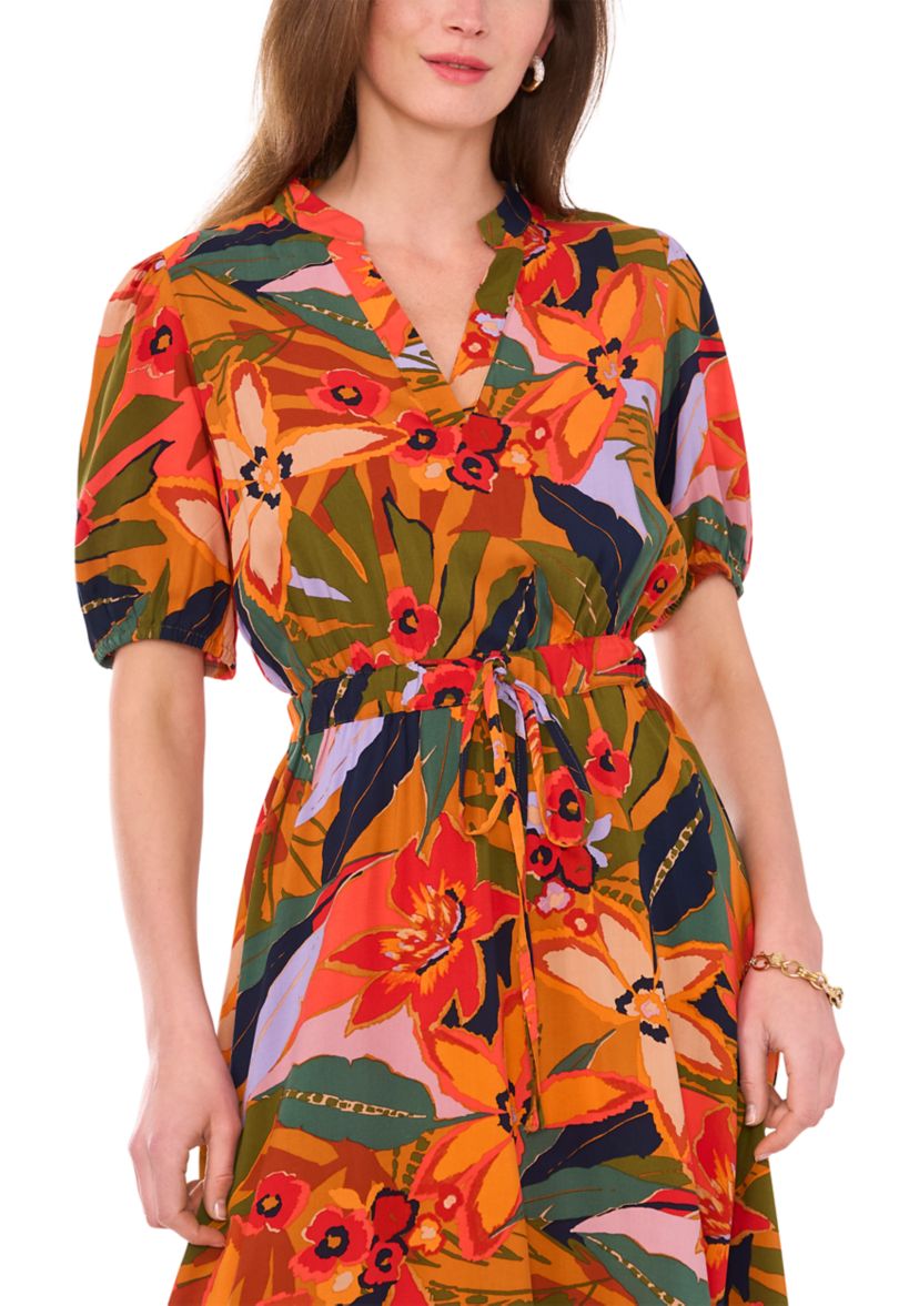 Womens Puff Sleeve Printed Challis Maxi Dress