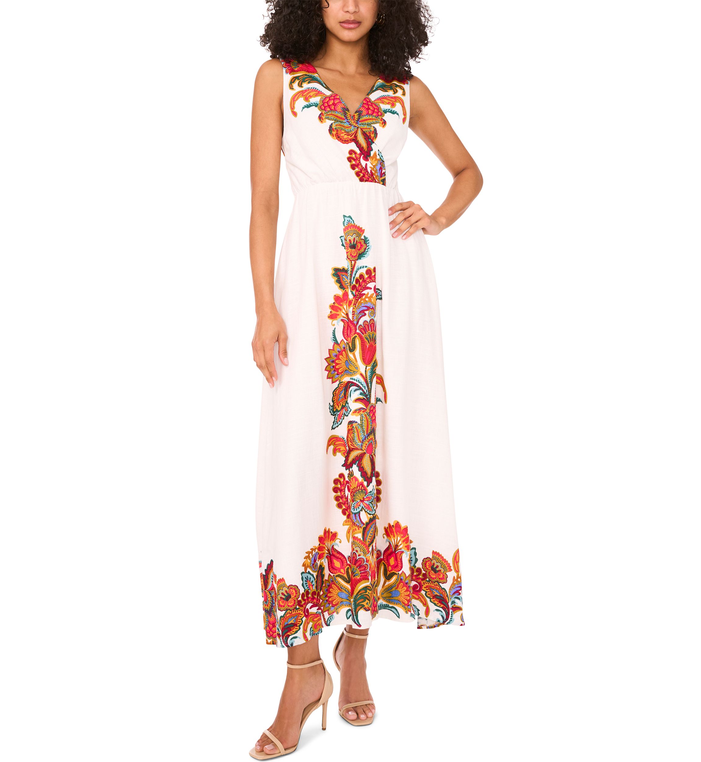 Womens Sleeveless V-Neck Abstract Floral Print Dress