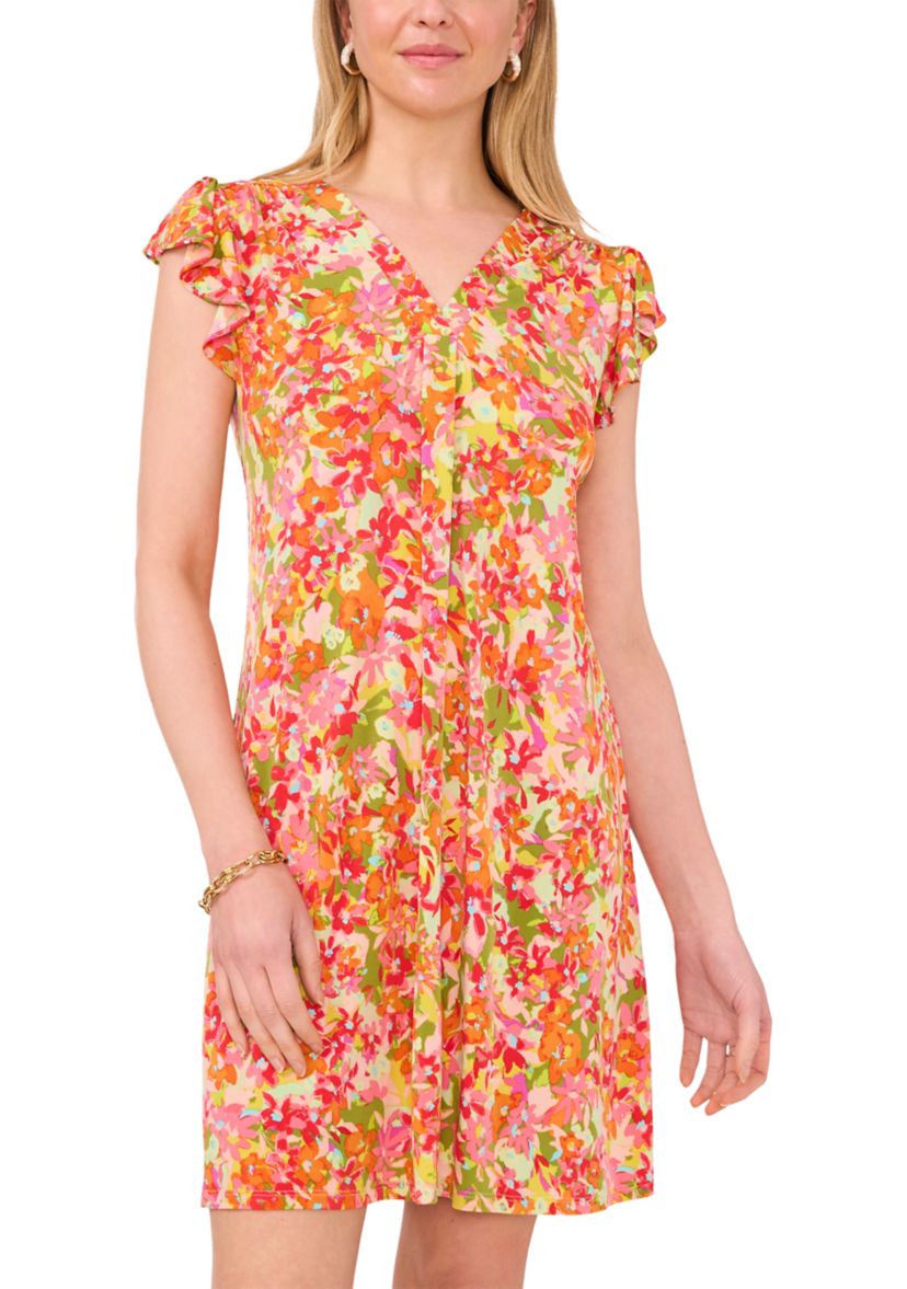 Womens Ruffle Floral Printed A-Line Dress