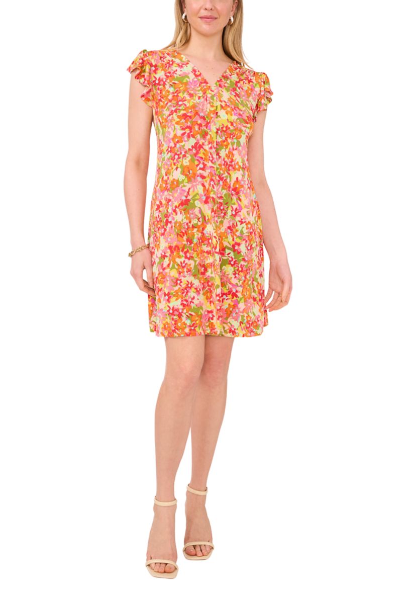 Womens Ruffle Floral Printed A-Line Dress