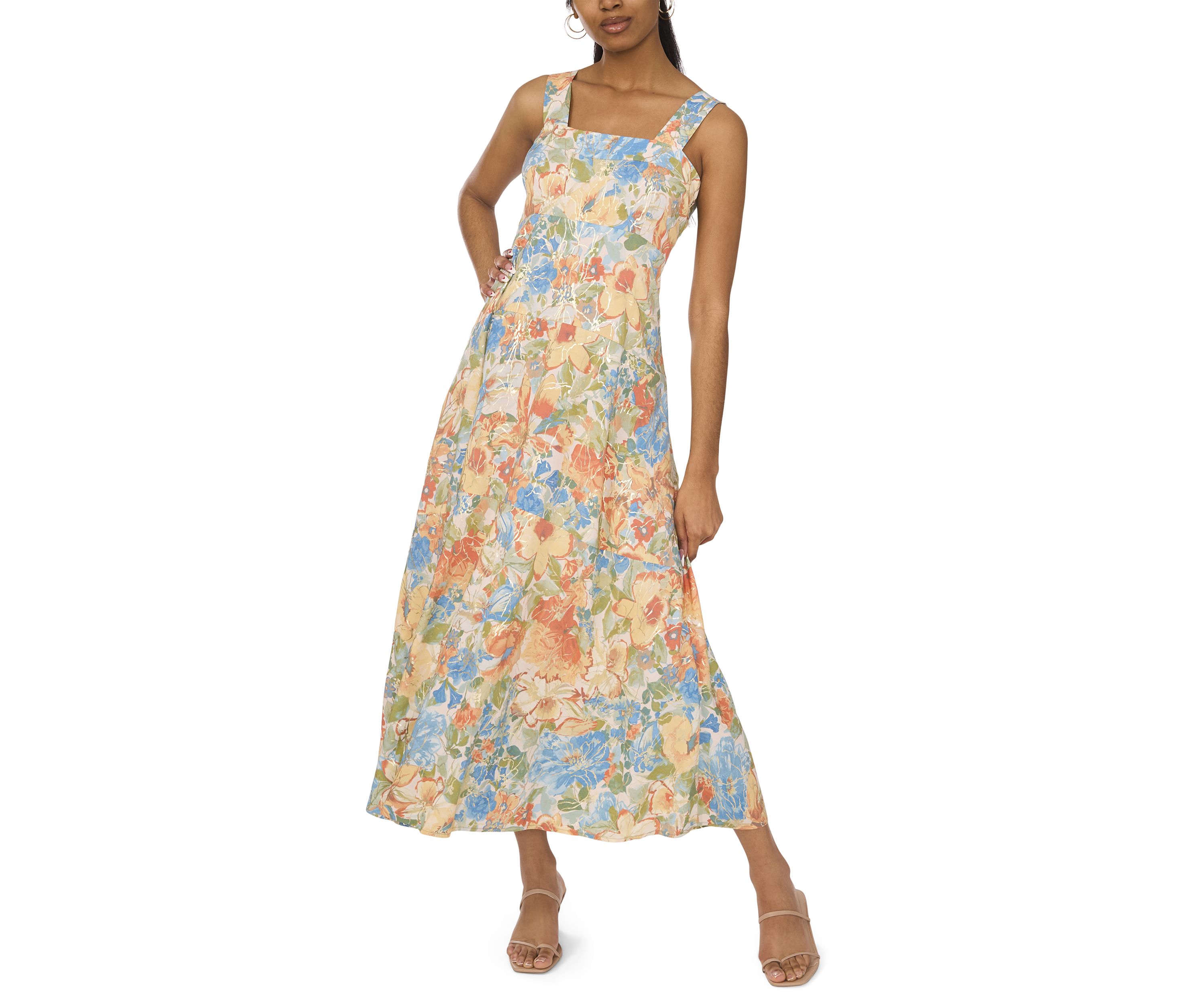 POGT Women's Sleeveless Floral House Dress - Comfy Lounge Sundress With Pockets - Brown Print