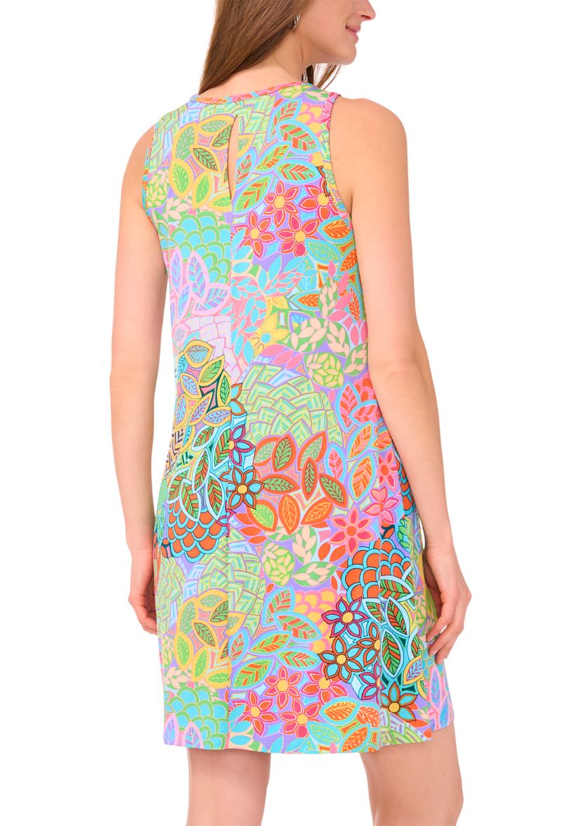 Womens Sleeveless Crew Neck Printed A-Line Dress