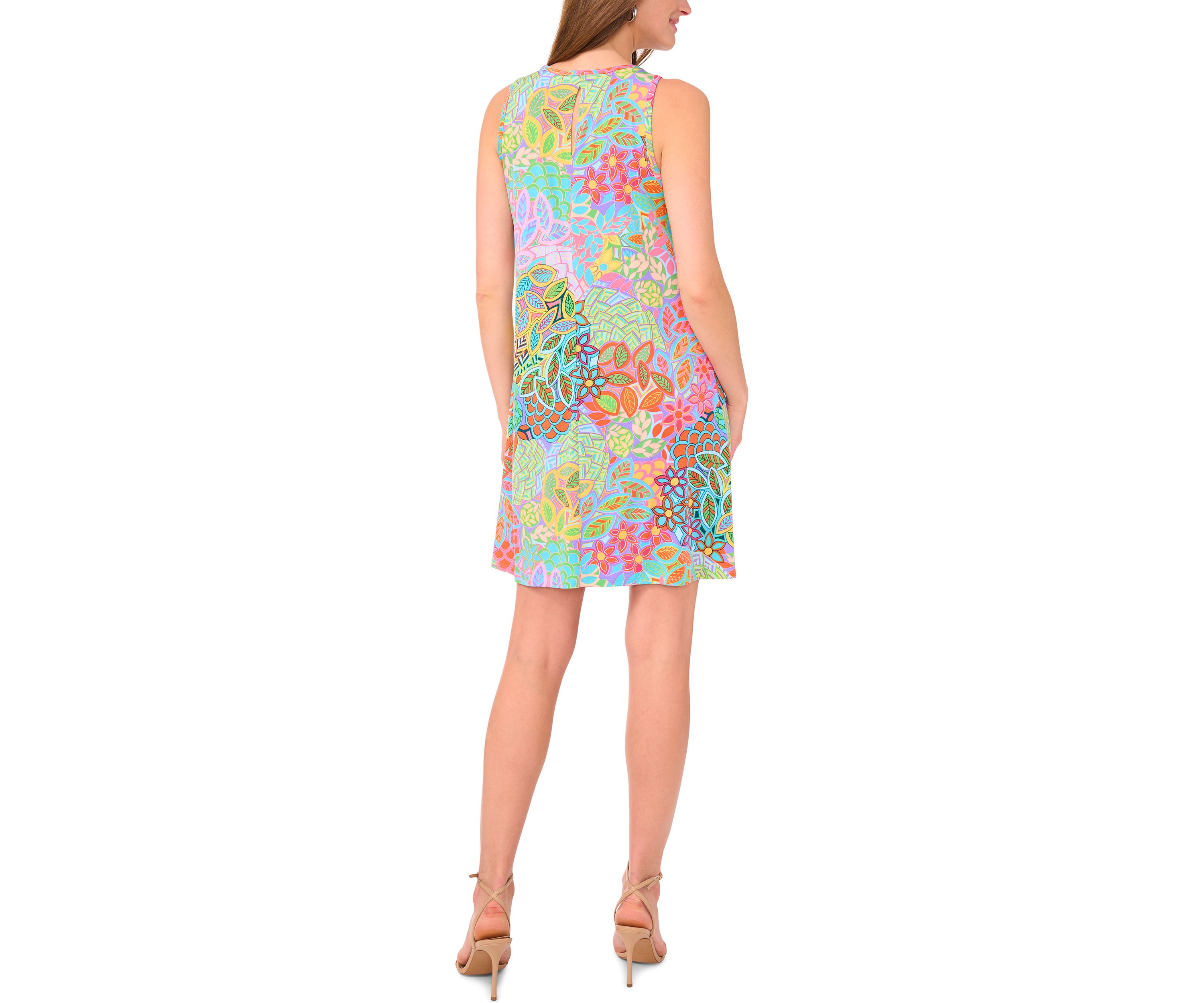 Womens Sleeveless Crew Neck Printed A-Line Dress