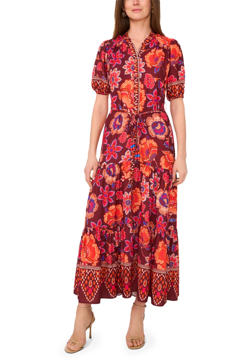 Womens Short Sleeve Mock Neck Floral Print Chiffon Dress