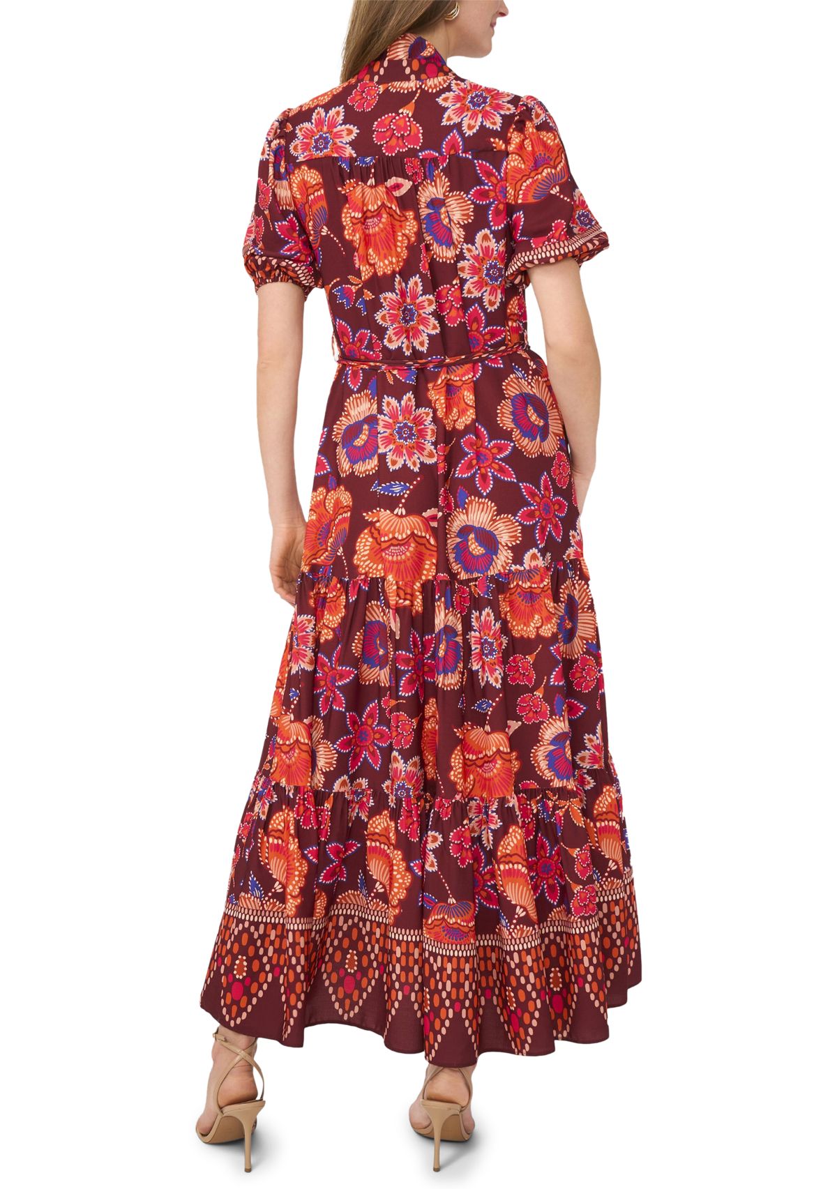 Womens Short Sleeve Mock Neck Floral Print Chiffon Dress