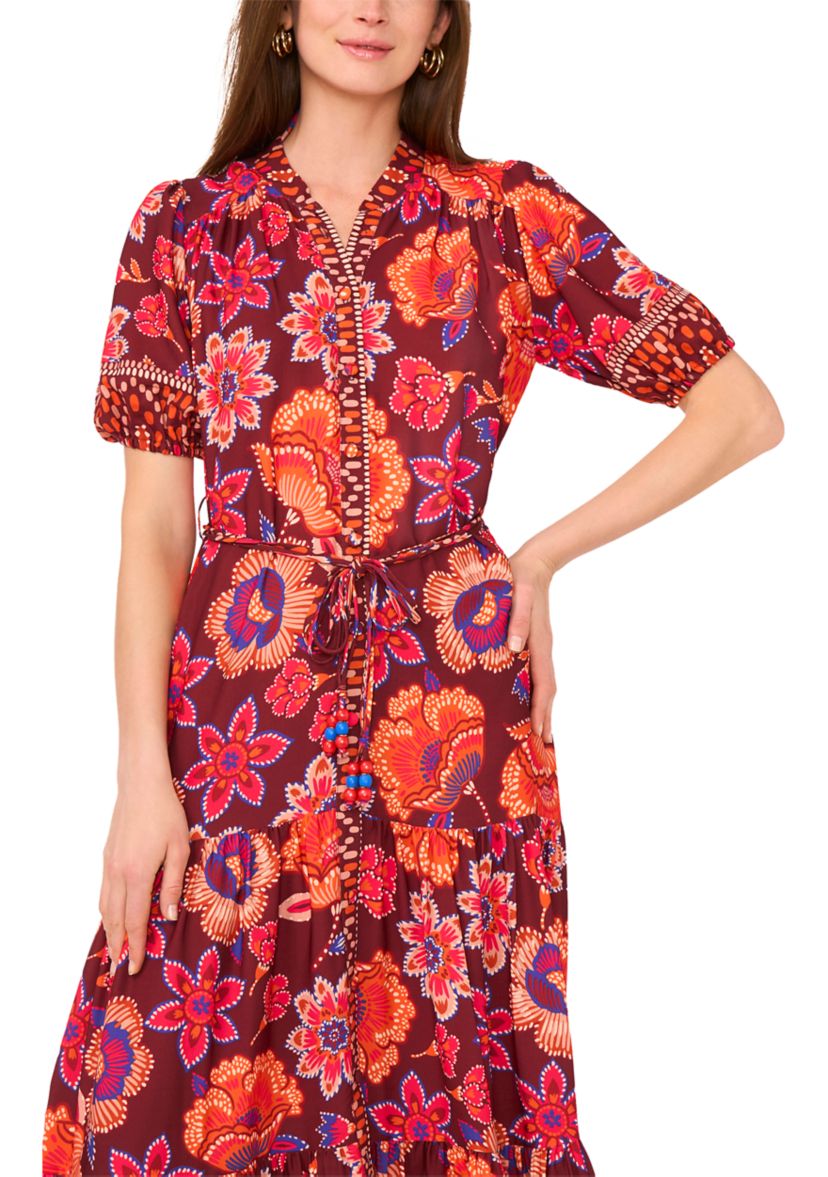 Womens Short Sleeve Mock Neck Floral Print Chiffon Dress