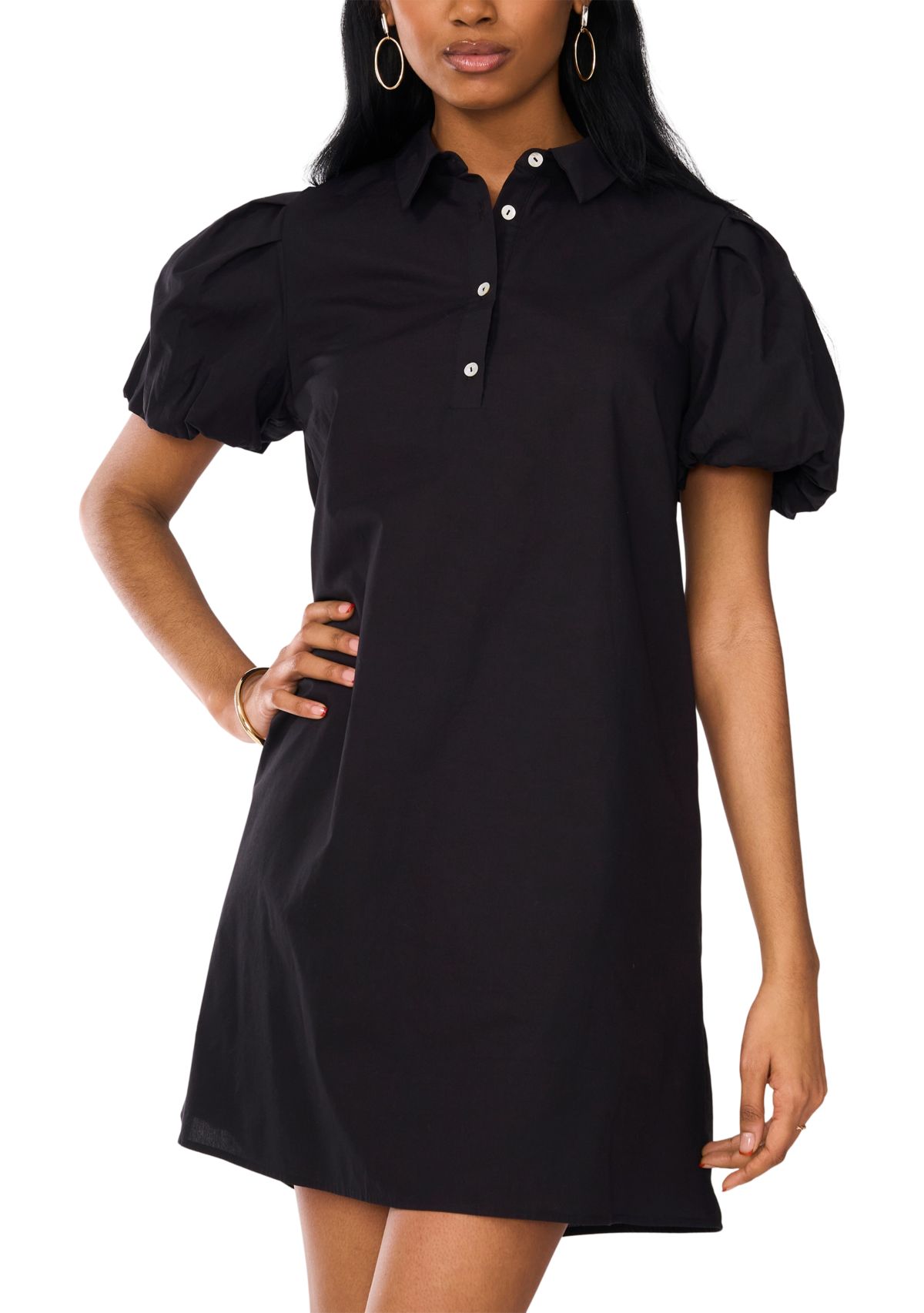 Womens Puff Sleeve Collar Neck Solid Cotton A-Line Dress