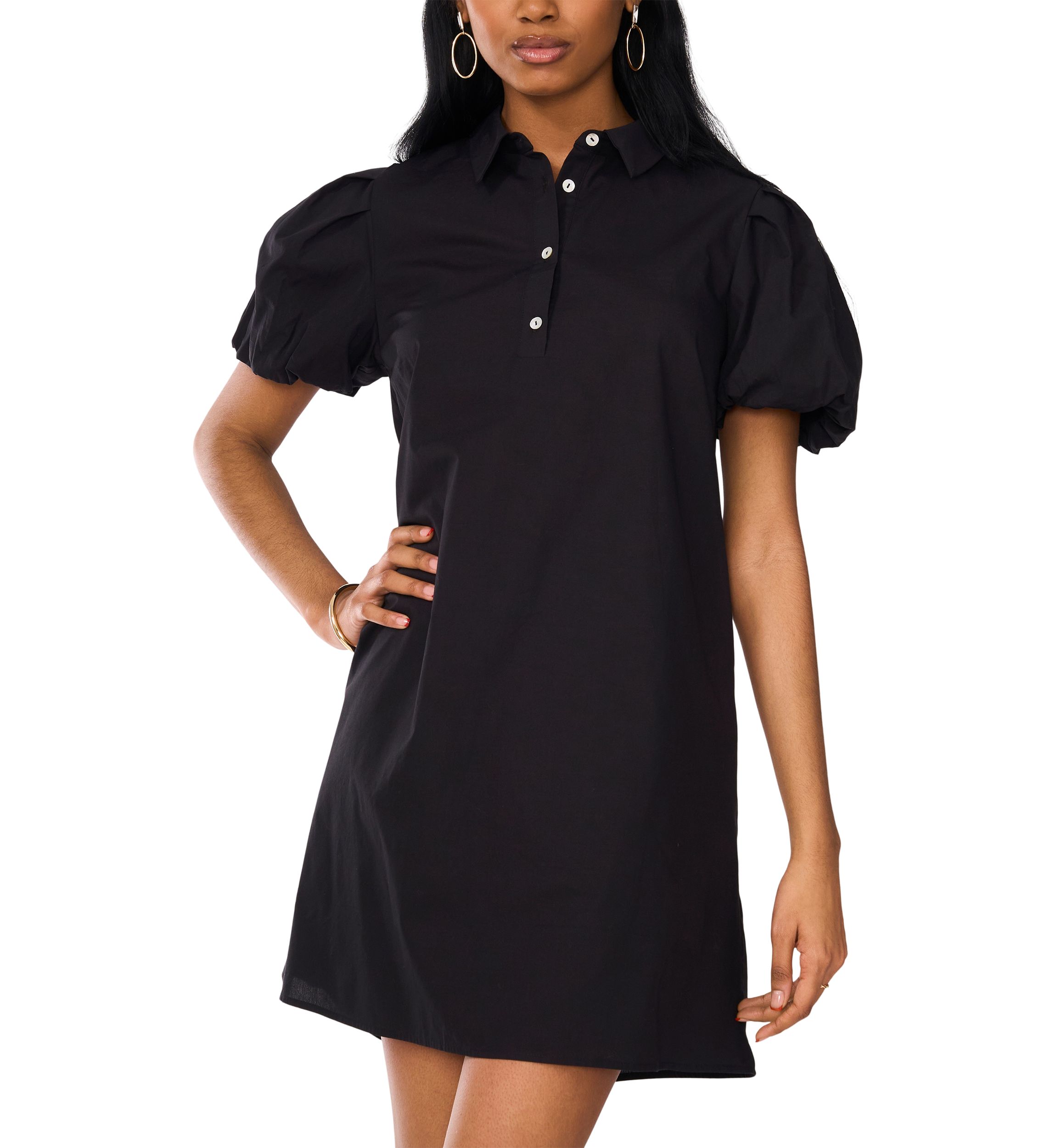Womens Puff Sleeve Collar Neck Solid Cotton A-Line Dress