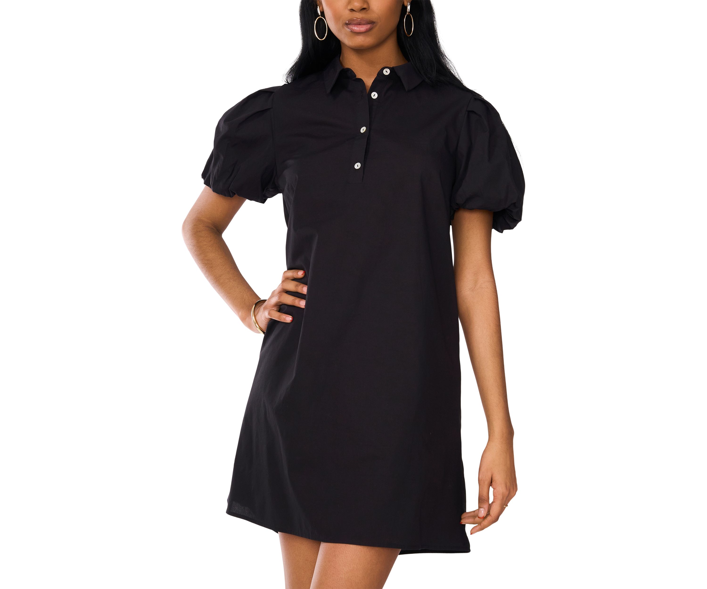 Womens Puff Sleeve Collar Neck Solid Cotton A-Line Dress