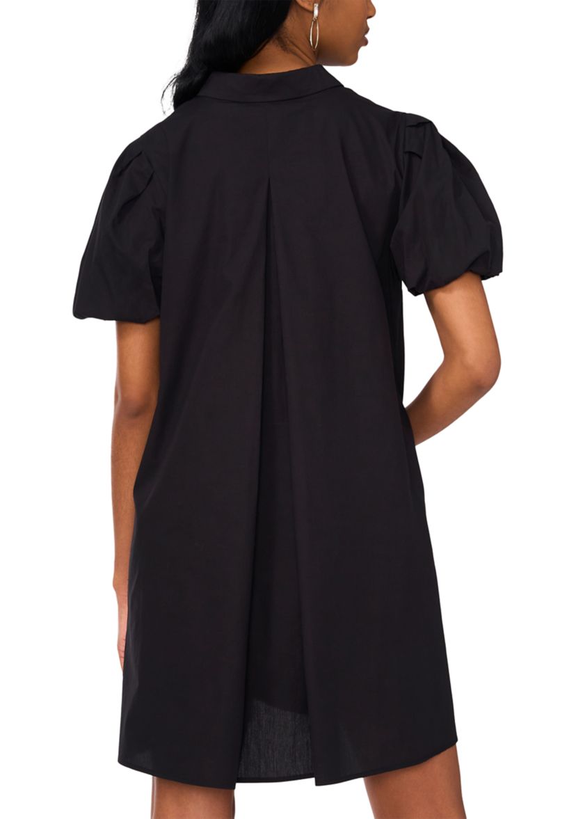 Womens Puff Sleeve Collar Neck Solid Cotton A-Line Dress