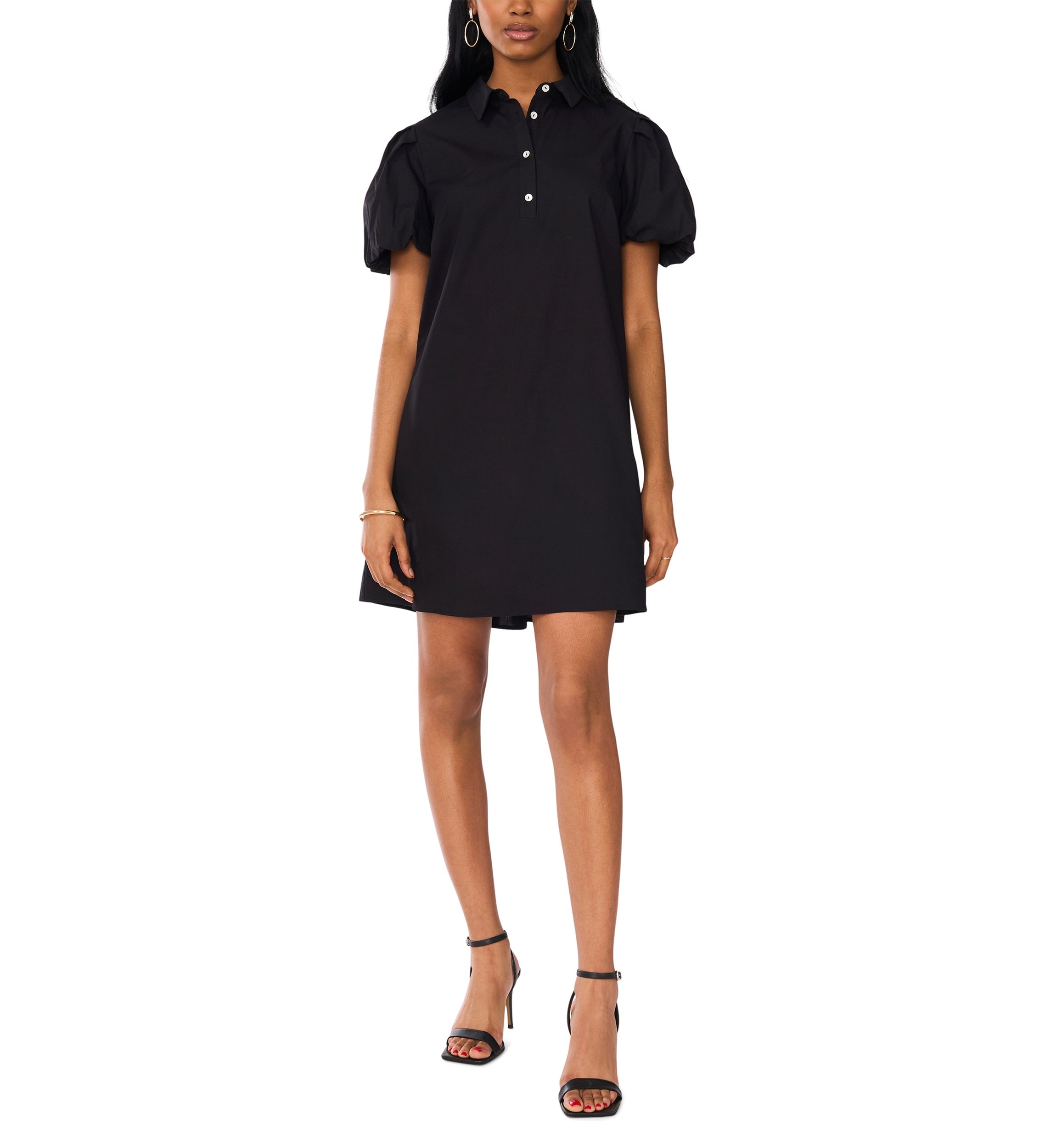 Womens Puff Sleeve Collar Neck Solid Cotton A-Line Dress