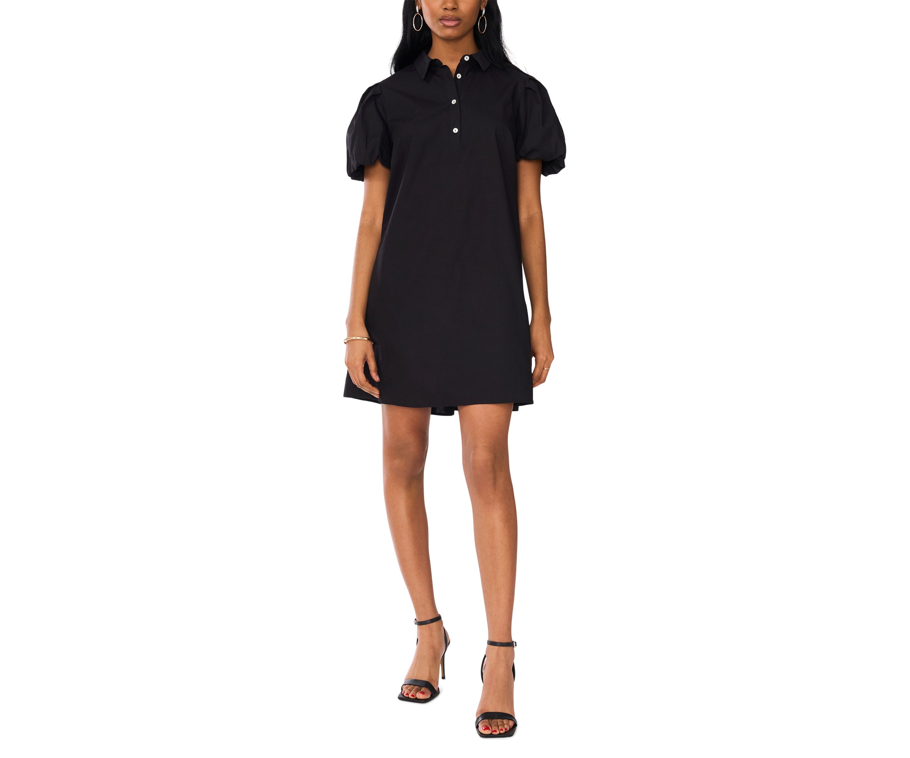 Womens Puff Sleeve Collar Neck Solid Cotton A-Line Dress