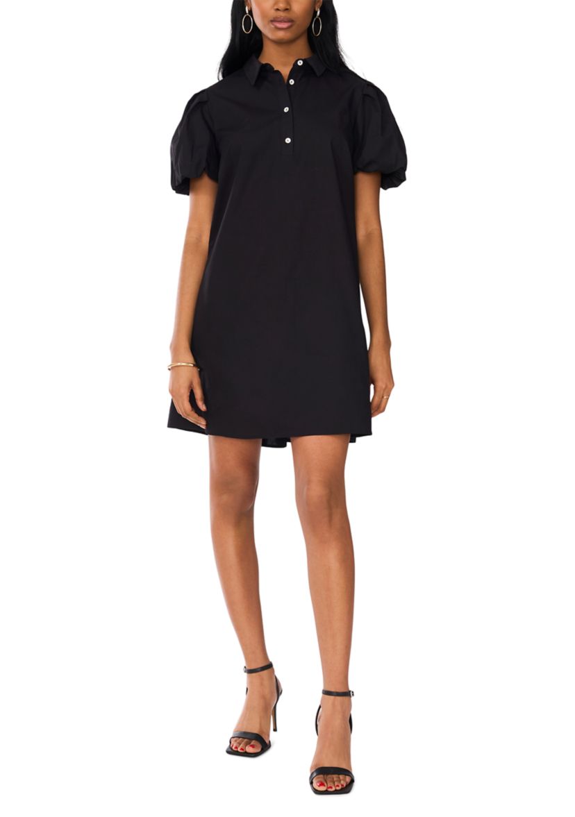 Womens Puff Sleeve Collar Neck Solid Cotton A-Line Dress
