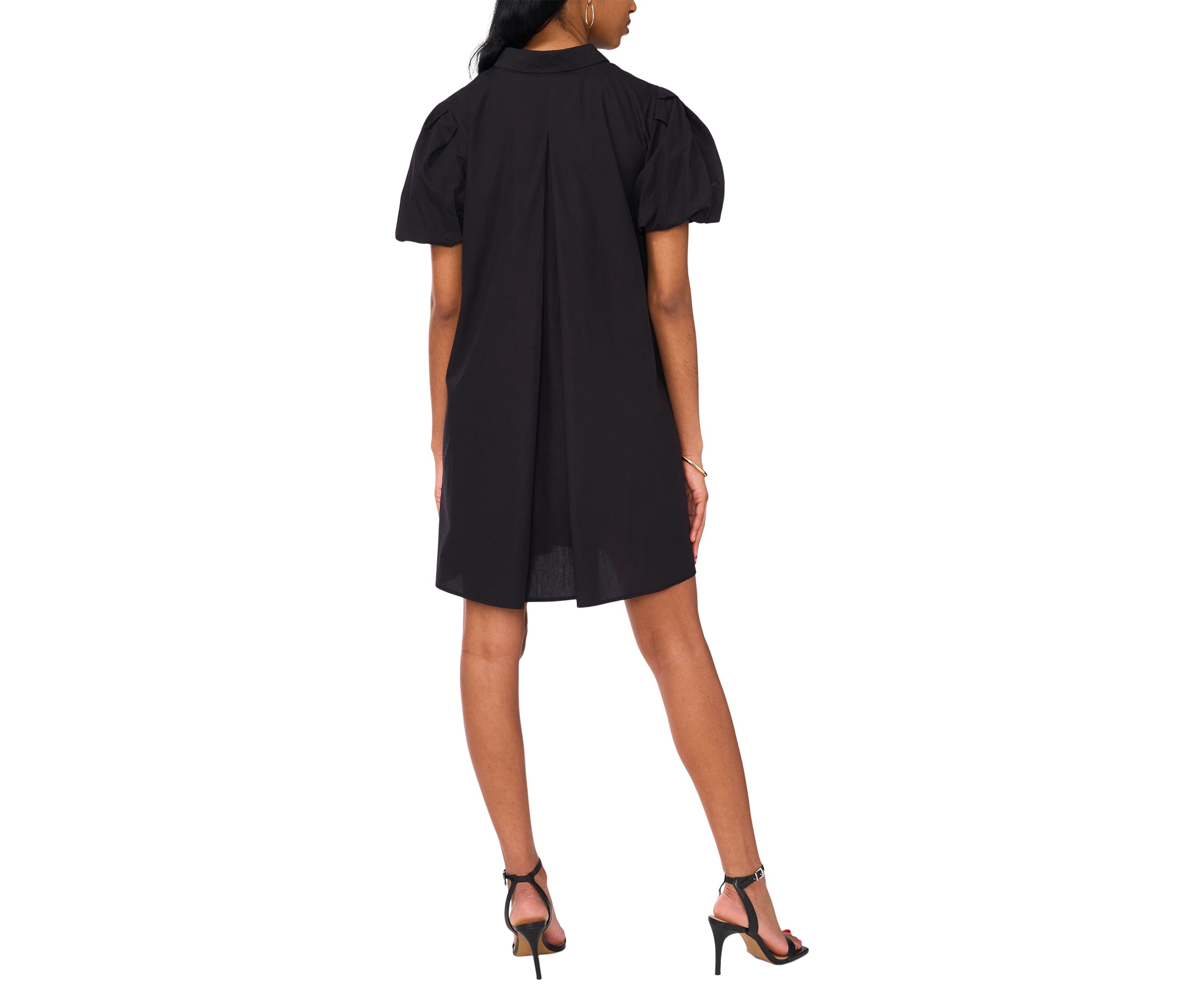 Womens Puff Sleeve Collar Neck Solid Cotton A-Line Dress
