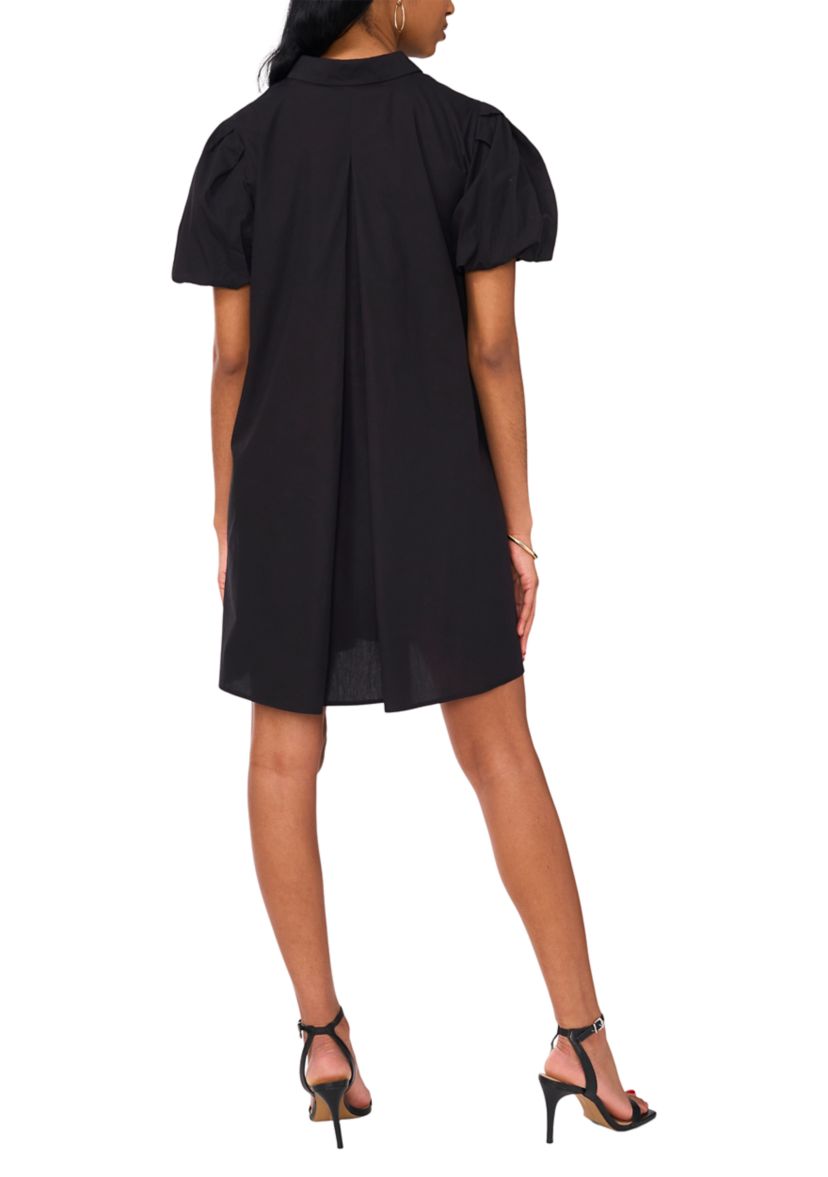 Womens Puff Sleeve Collar Neck Solid Cotton A-Line Dress