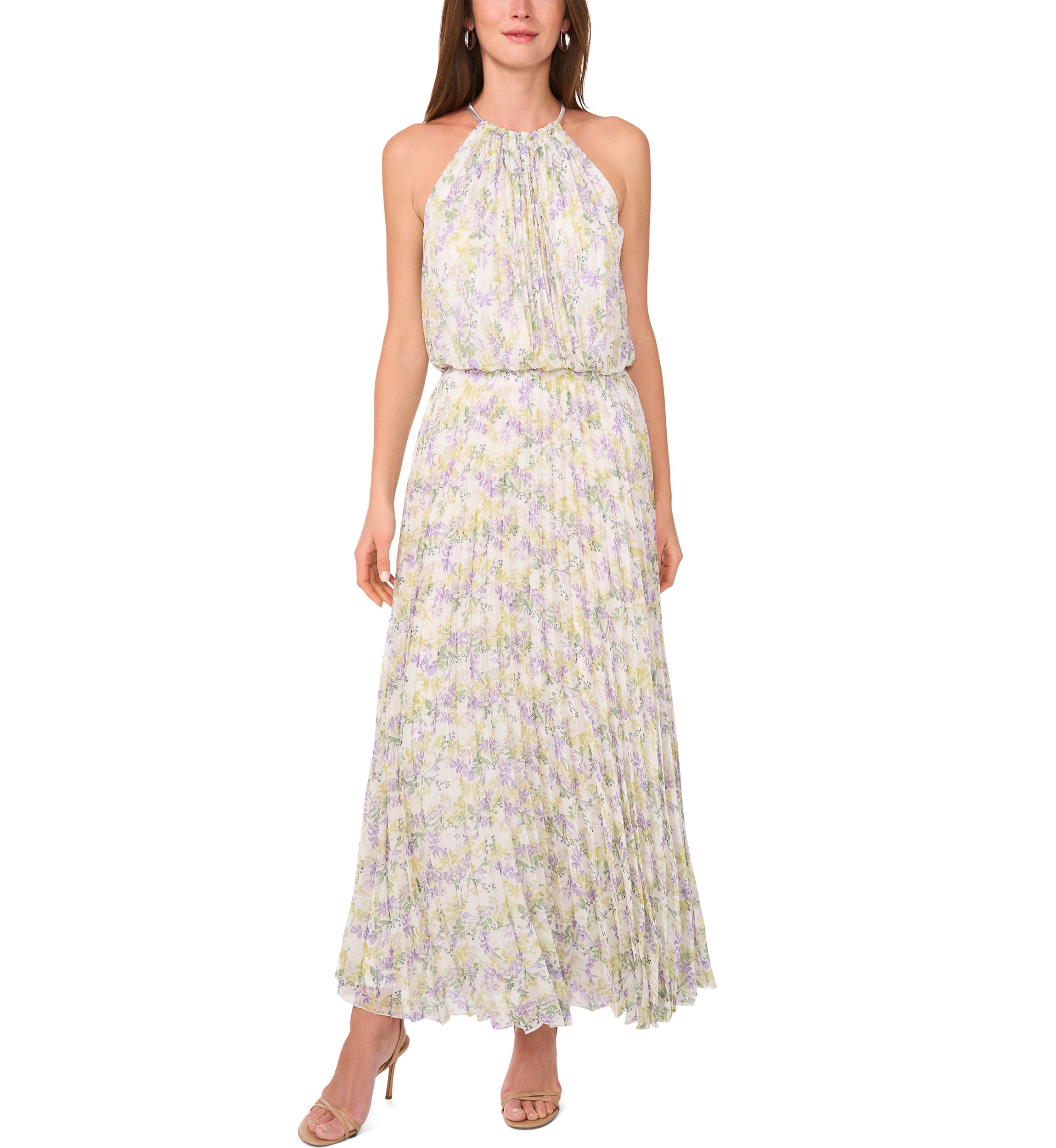 Womens Sleeveless Halter Neck Printed Chiffon Maxi Dress